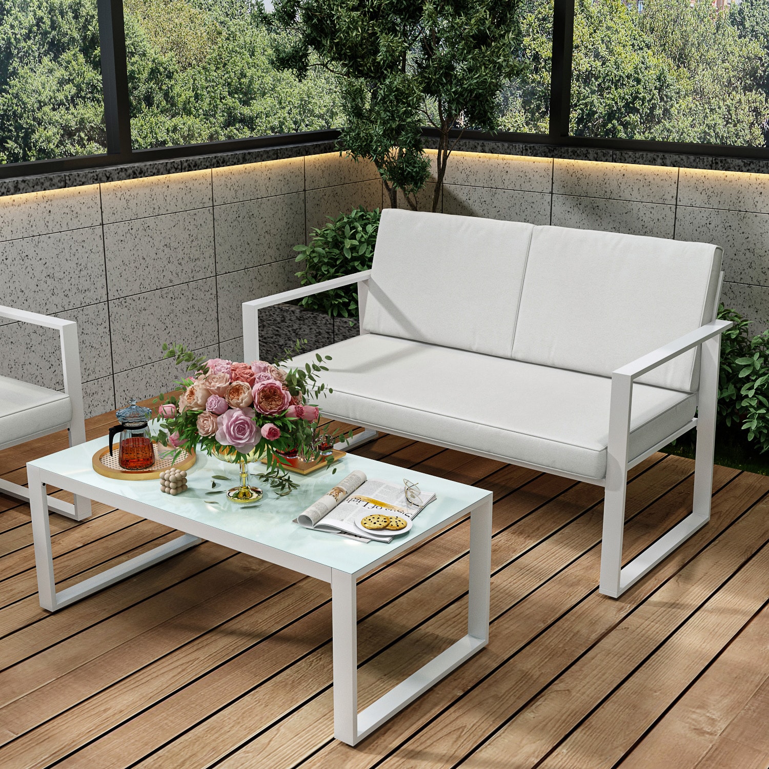 MIDHAM KF170301-02 2 -Piece Patio Conversation Set with White Cotton Cushions