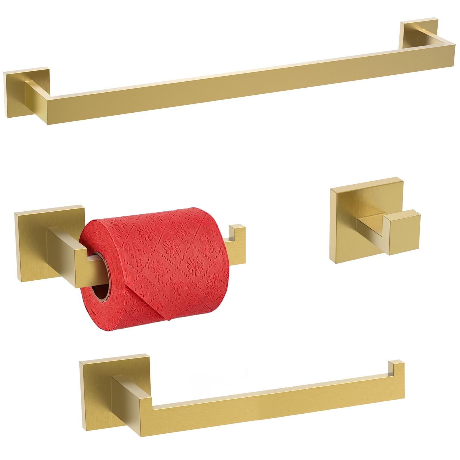 Phewnyzo  Brushed Gold Bathroom Accessory Set 4 Piece Stainless Steel Hardware Kit Square Towel Bar Holder for Modern Bathrooms