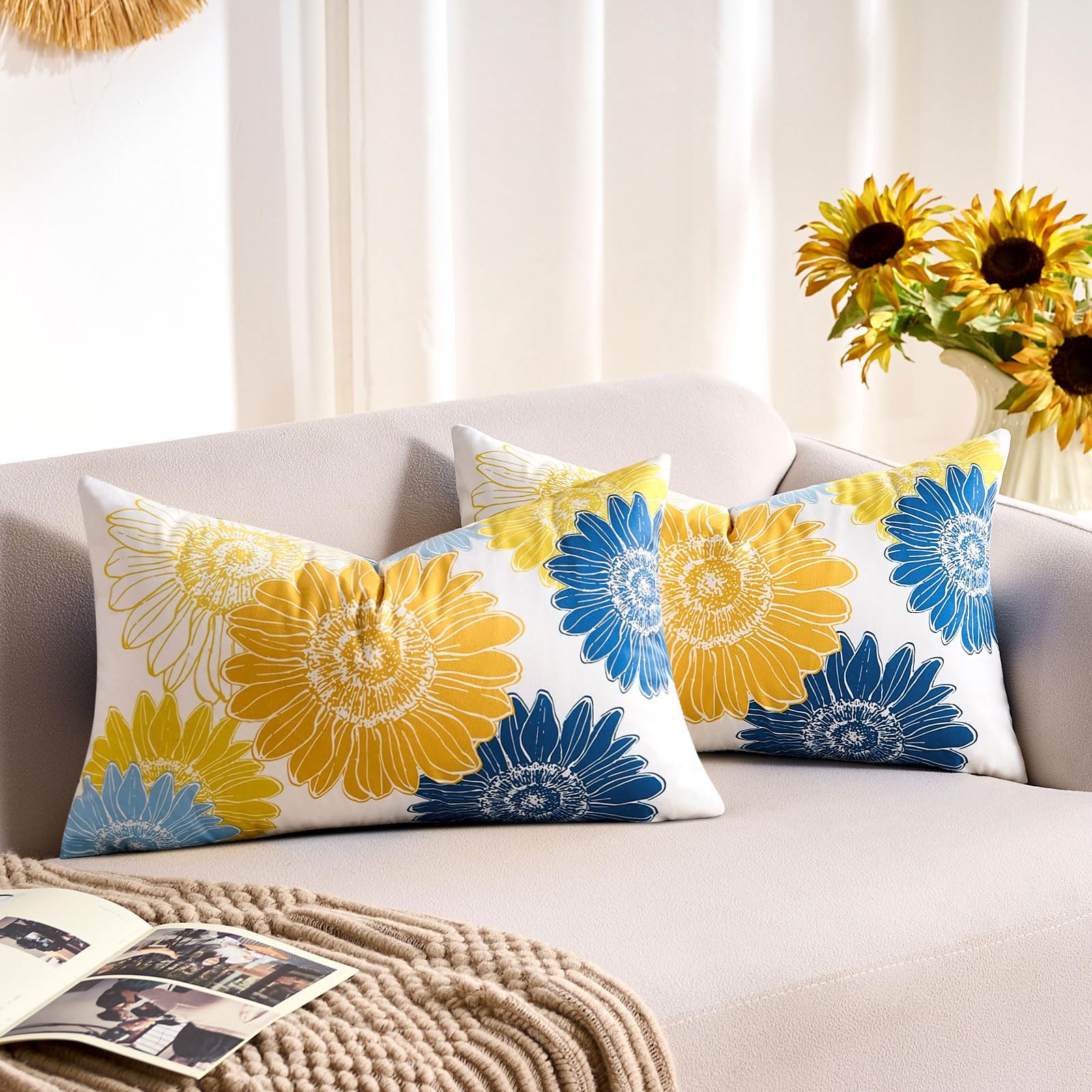 Phewnyzo  Yellow Blue Floral Lumbar Pillow Covers 12x20 Sunflower Farmhouse Decorative Cushion Covers Soft Accent for Sofa Couch Patio Bed Set of