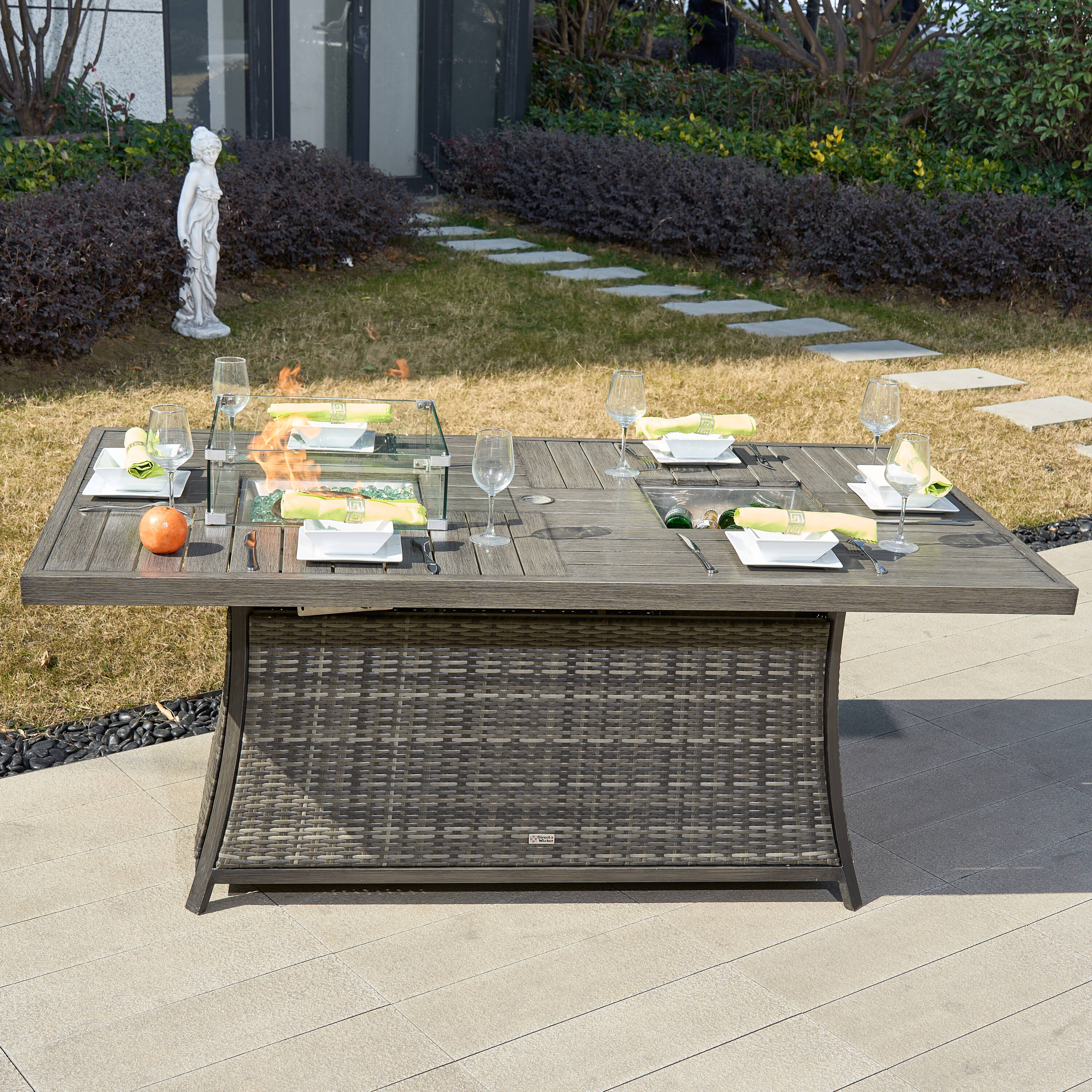 Direct Wicker PAG-1106FI-GR-T 70.8-in W gray Portable Wicker Rectangle Tabletop Liquid propane Fire pit table