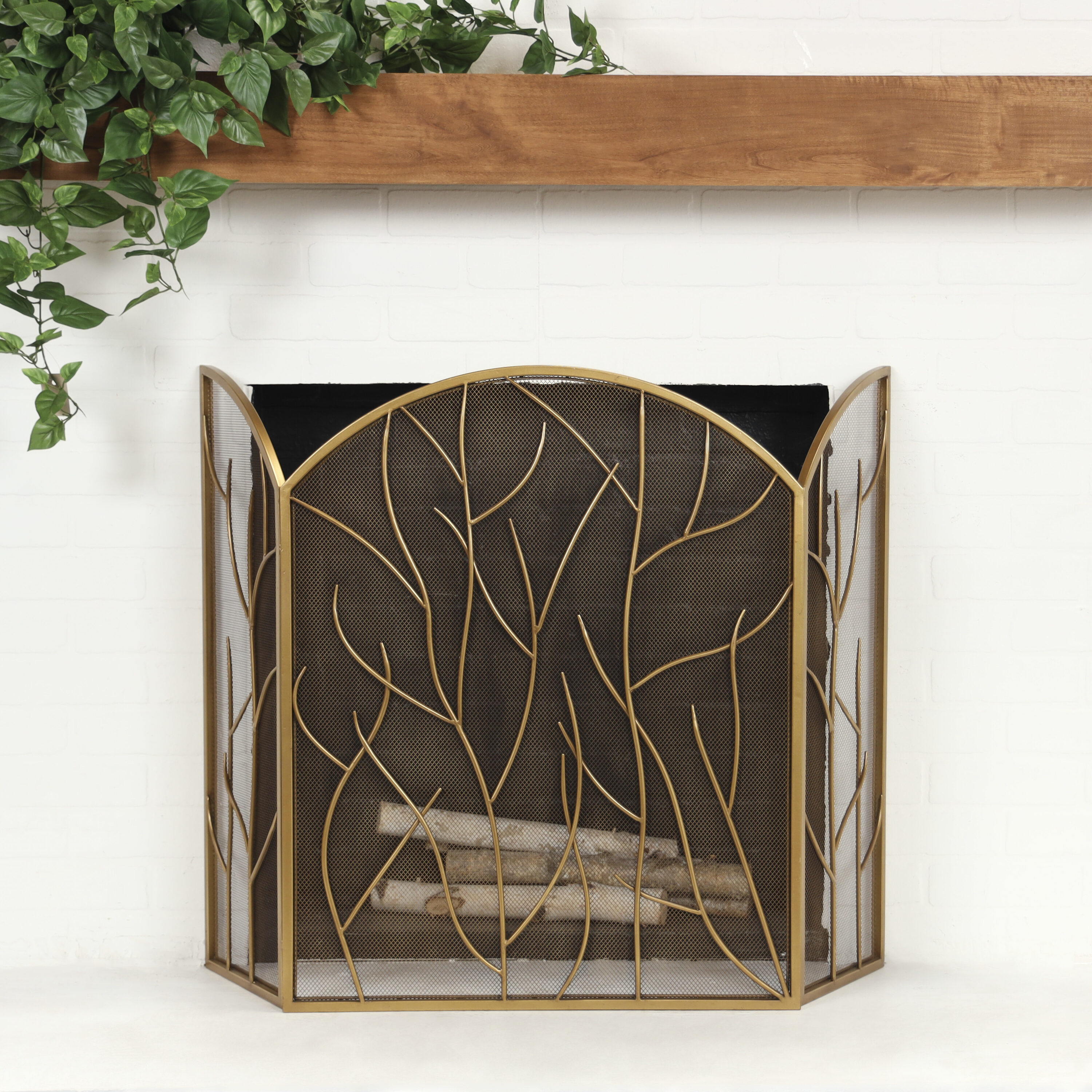 Grayson Lane 821244 25.1-in Gold with Branch Design Iron 3 -Panel Arched Bi-fold Fireplace Screen