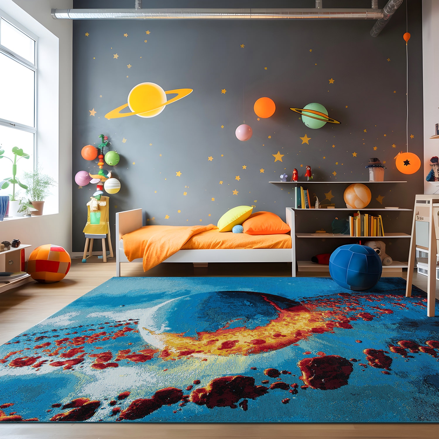 Galactic Wonder Blue and Red Synthetic Area Rug 5' x 7'