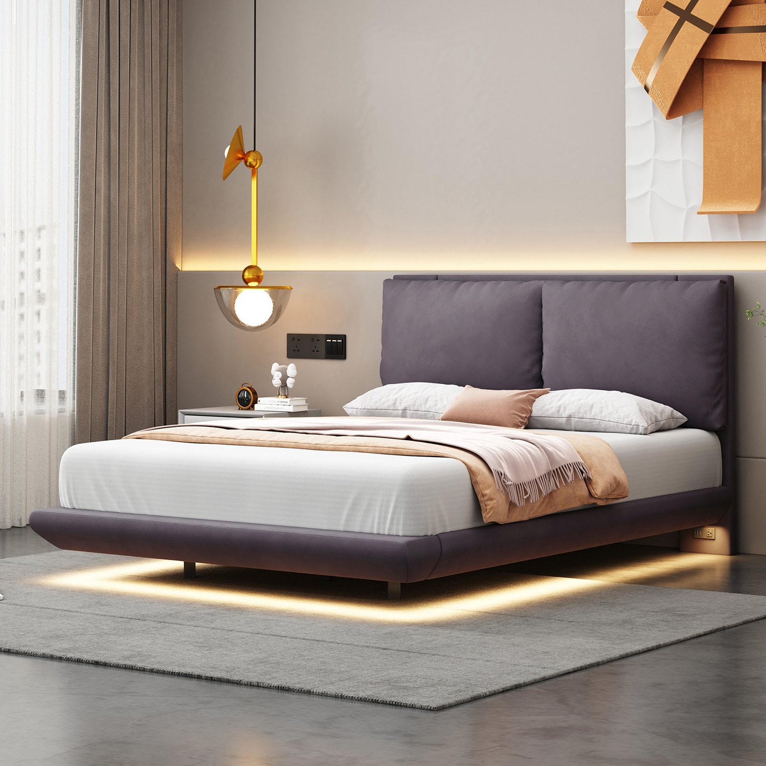 GZMR GZ-JH8873K Full Size Upholstered Platform Bed with 2 Large Backrests Gray Full Composite Bed frame Bed
