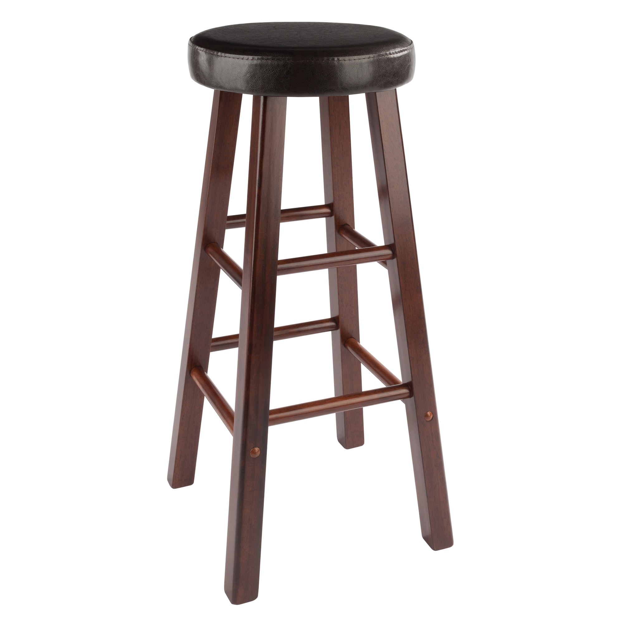 Transitional Walnut Brown Wood Bar Stool with Espresso Cushion, 30"