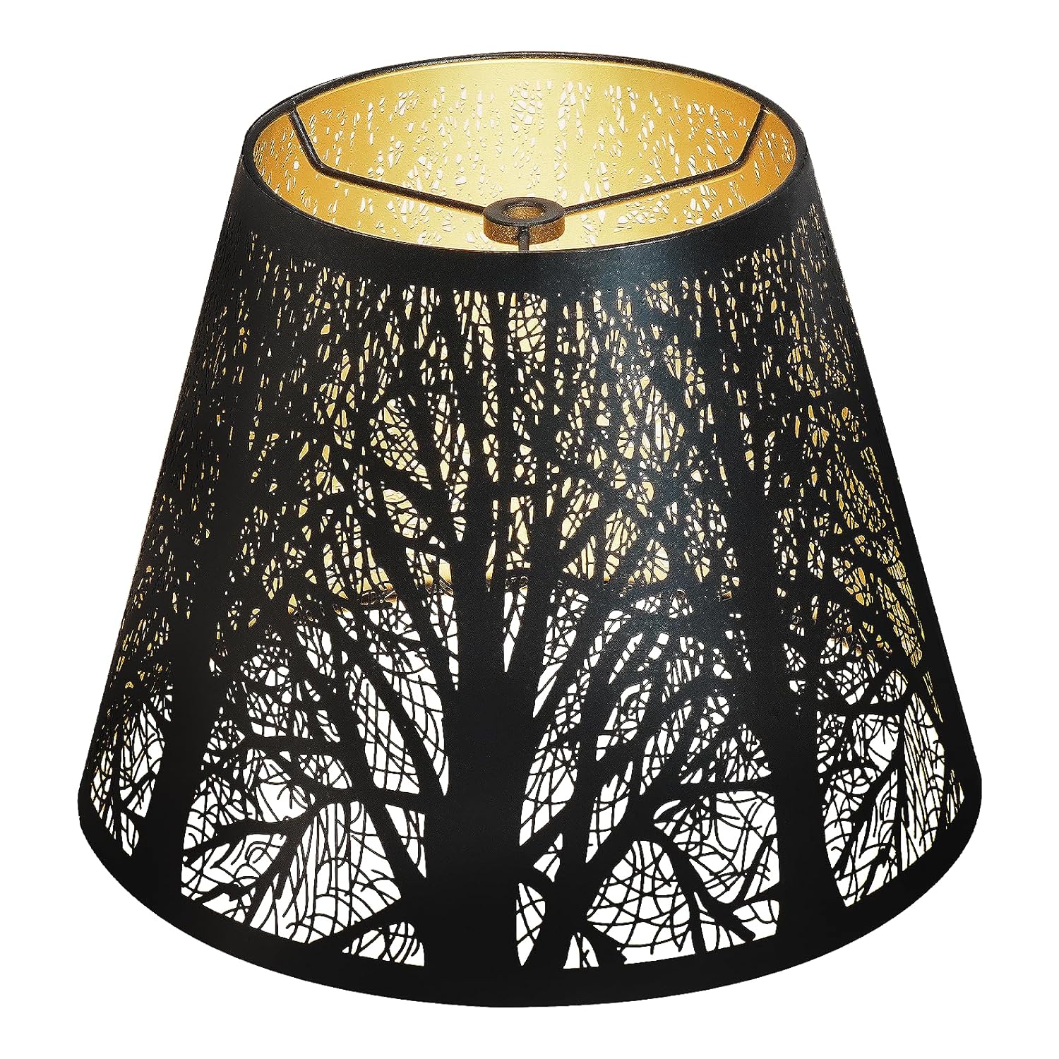 Alucset Barrel Metal Lamp Shade with Tree Pattern Black Exterior Gold Interior Spider Fitter 6-In Top 10-In Bottom 7.5-In Height