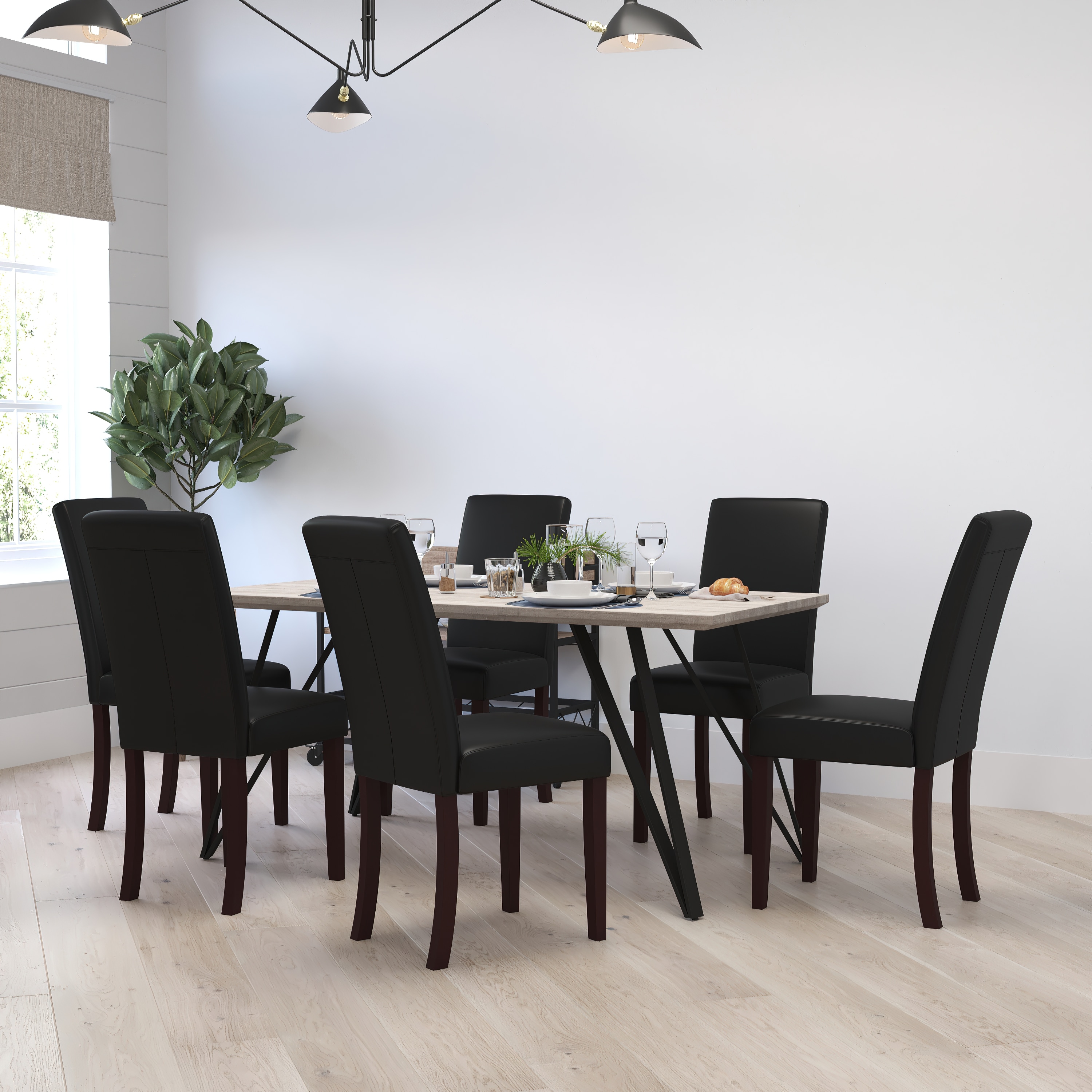 Merrick Lane - Vallia Series Set of 6 Black Faux Leather Panel Back Parsons Chairs for Kitchen; D...