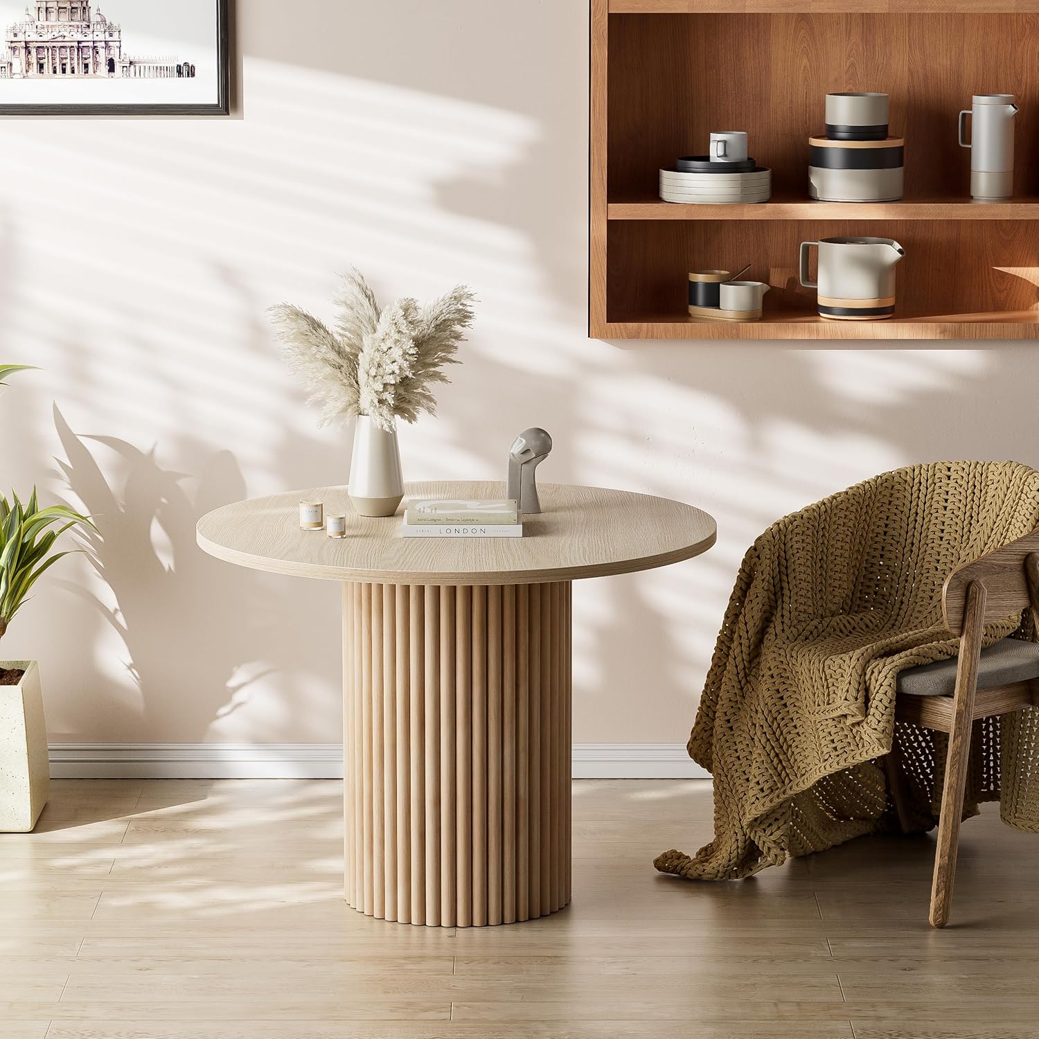 PAKASEPT TTEJ020-ACWXY0508 Brown Round Contemporary/Modern Dining Table, MDF with Brown Wood Pedestal Base 39.4-in L x 29.9-in H