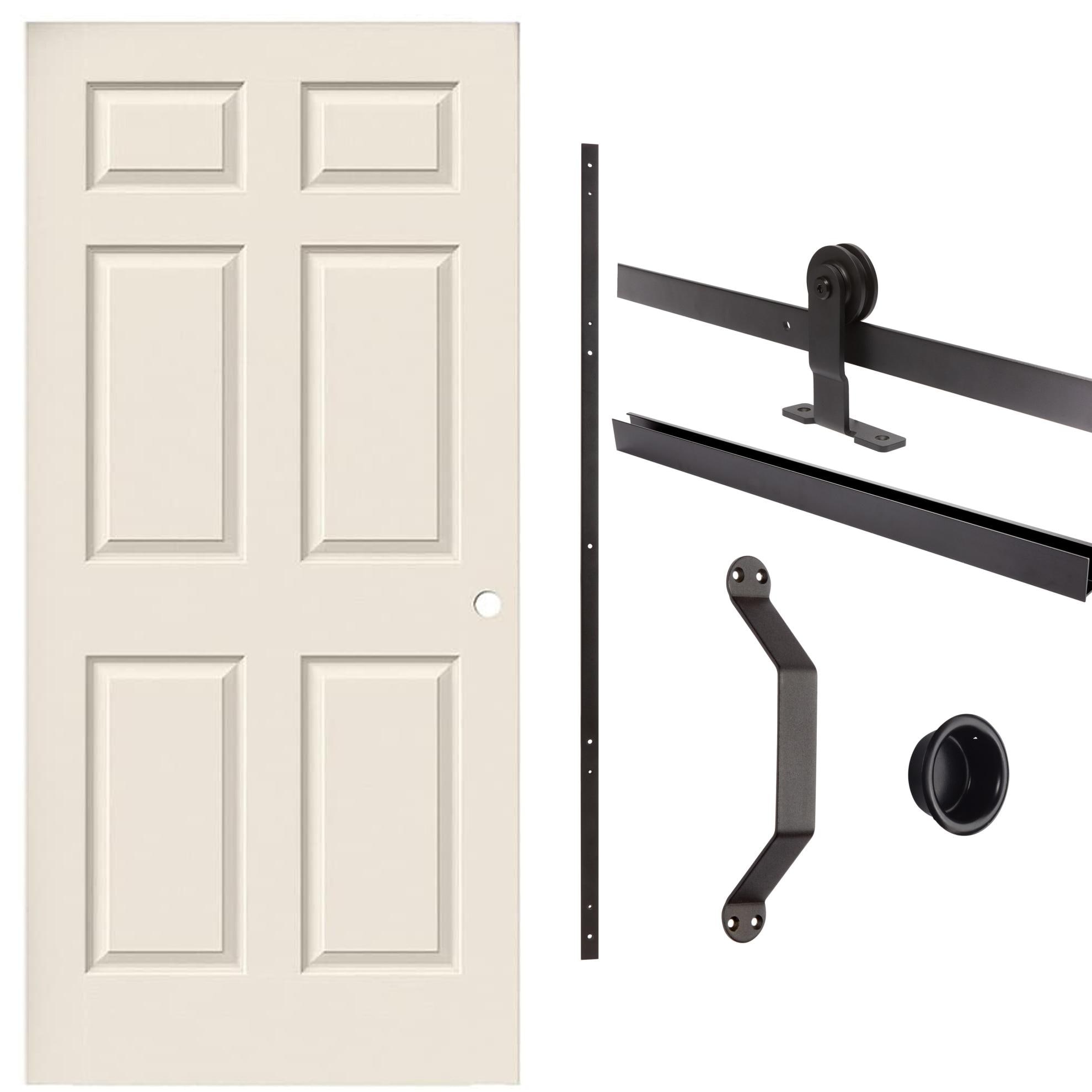 JELD-WEN  Colonist 36-in x 80-in Primed 6-panel Textured Hollow core Primed Molded Composite Slab Door with Lockset Bore + Matte Black Indoor Top Mount Soft Close Single Barn Door Hardware Kit