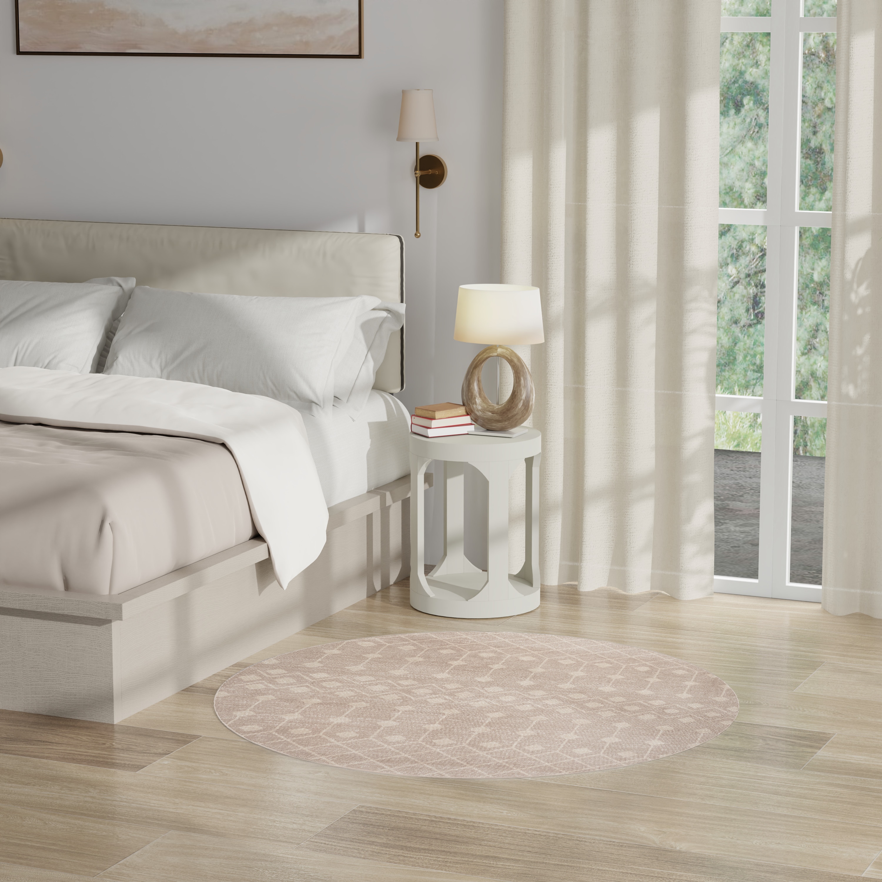 Nourison Home 099446986955 5 x 5 (ft) Loomed Beige Round Indoor Trellis Farmhouse/Cottage Area rug