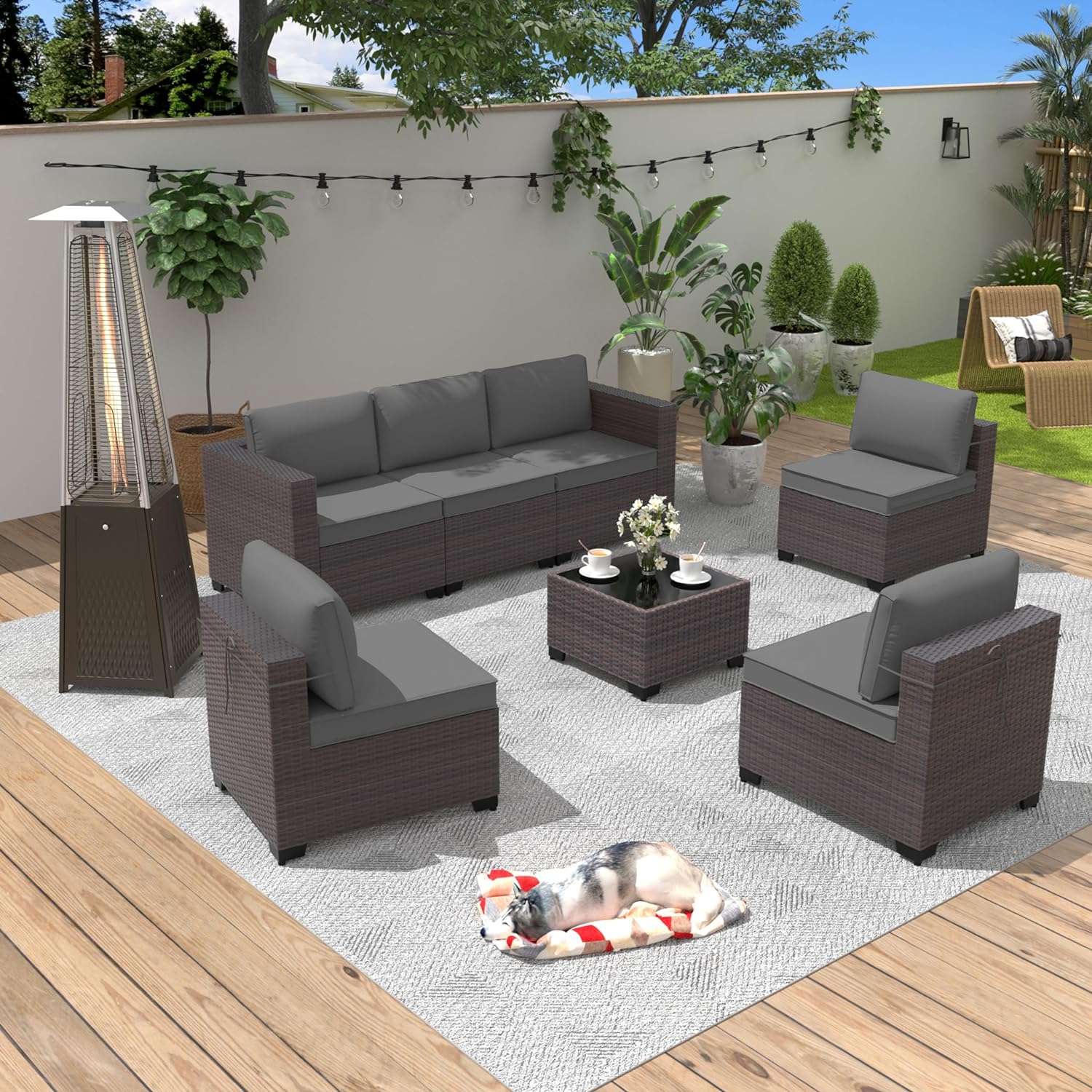 ALAULM LS-7PCS+PH-GREY 8-Piece Rattan Patio Conversation Set with Gray Cushions