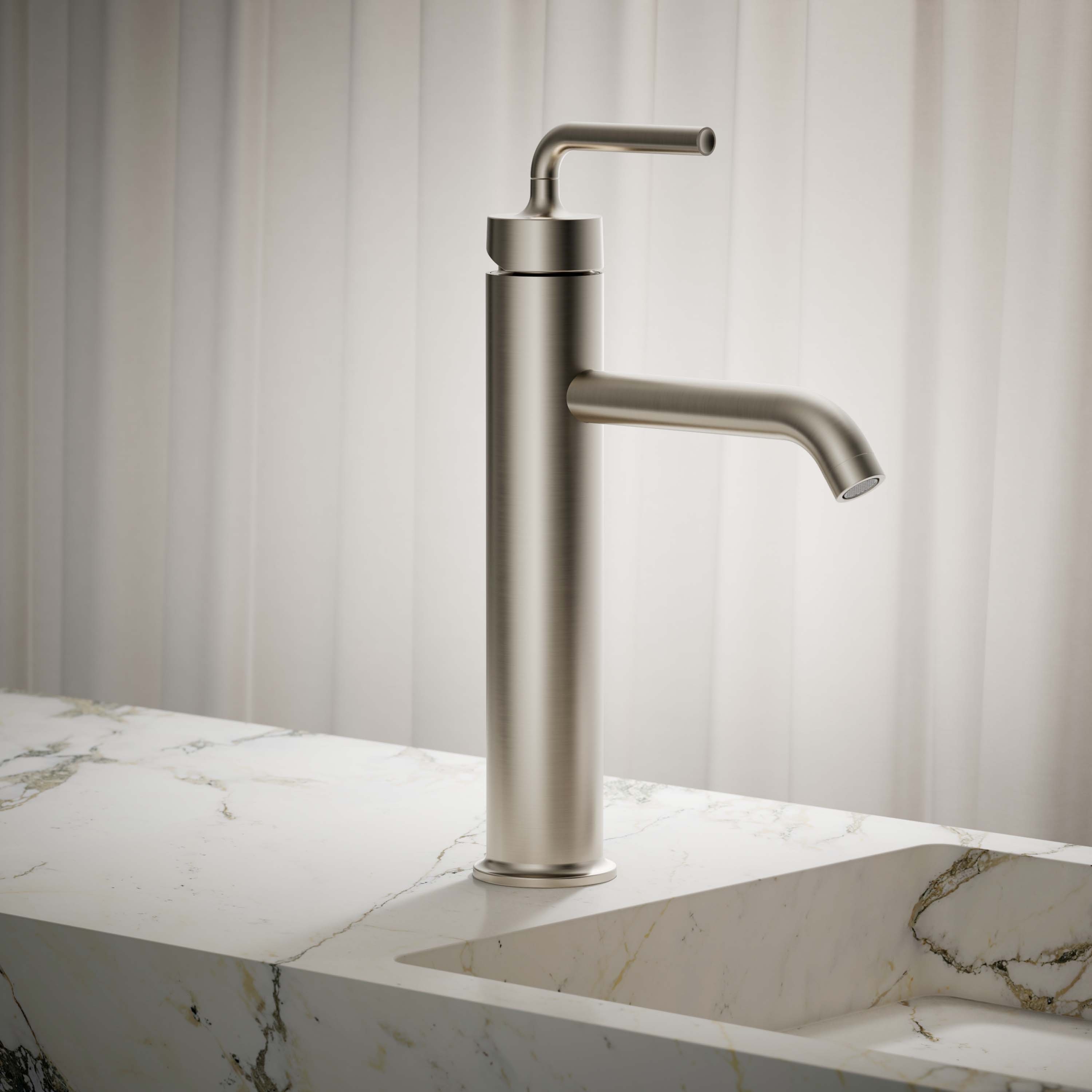 KOHLER 14404-4A-BN Purist Vibrant Brushed Nickel Single hole 1-handle WaterSense Low-arc Commercial/Residential Handle Bathroom Sink Faucet with Drain