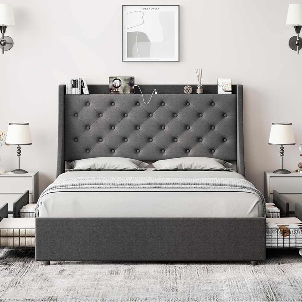 Garvee PHO-10JRRDAK Gray Queen Metal Platform Bed with Storage