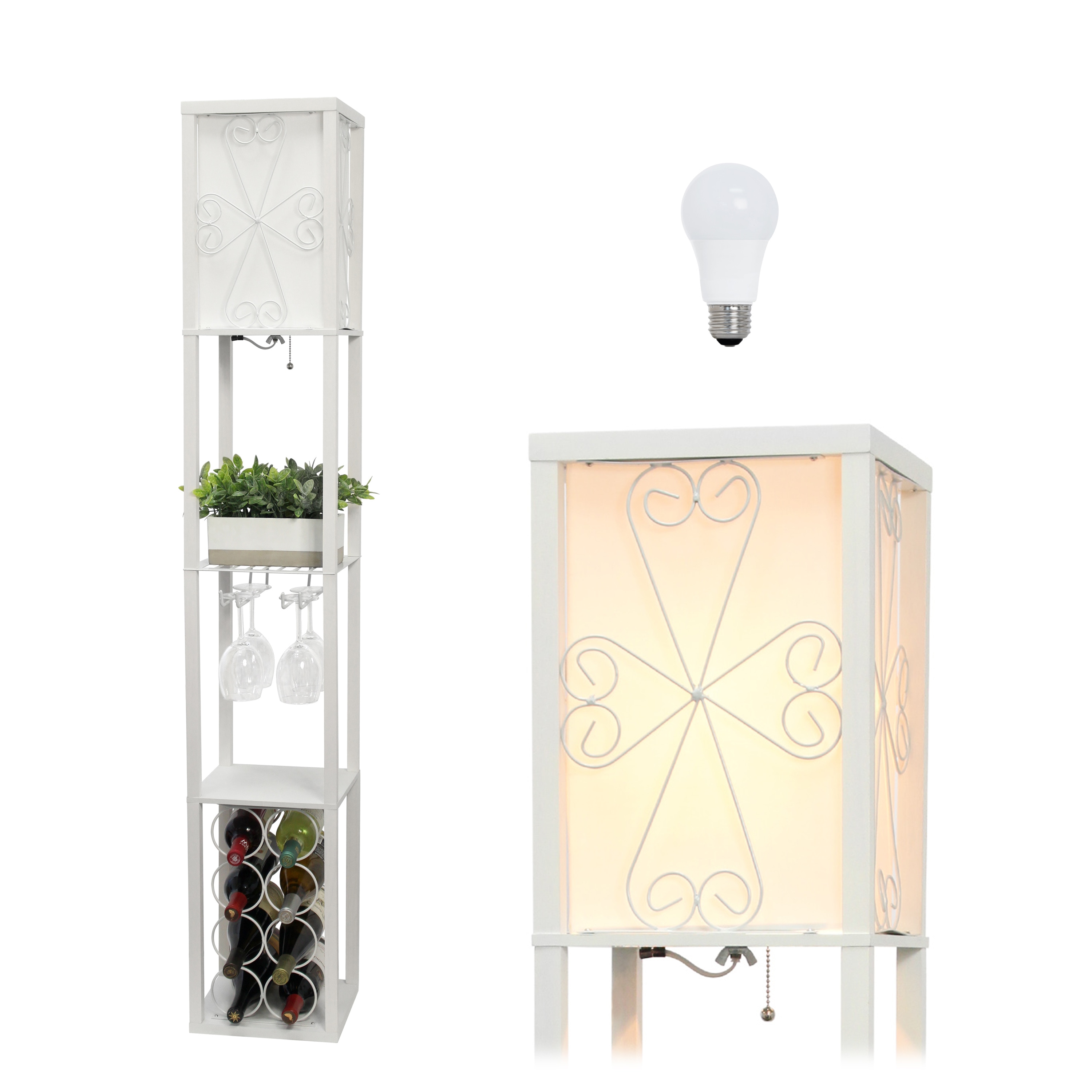 Simple Designs LF1015-WHT-LB 62.5-in White Shelf Floor Lamp with Linen Shade