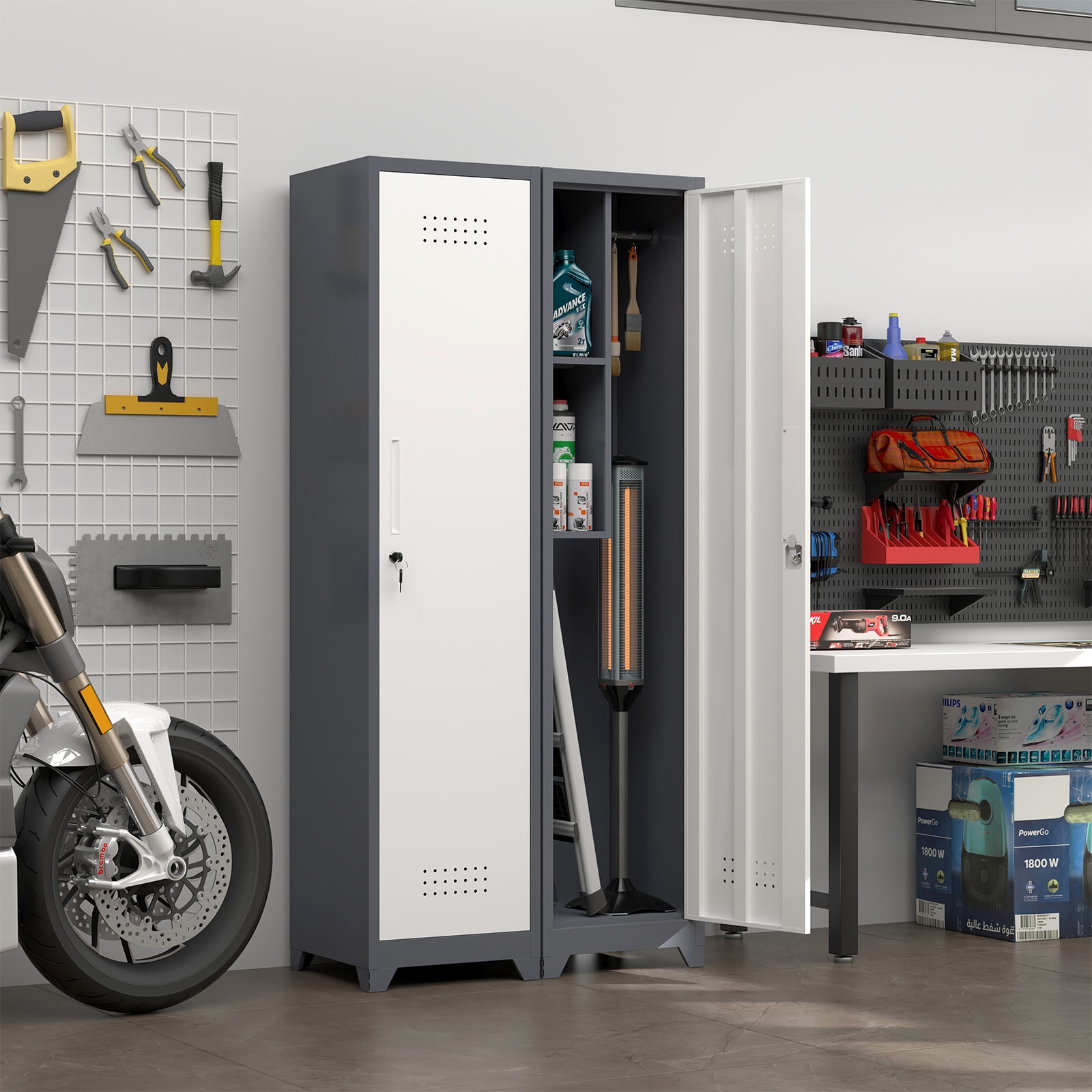 LUXEYARD Metal Broom Storage Cabinet 65 Narrow Broom Cabinet With Hooks Slim Bathroom Storage Cabinet With Shelves HeavyDuty Cleaning Storage Cabinet For Utility Room Gym Office Garage Utility Shelves