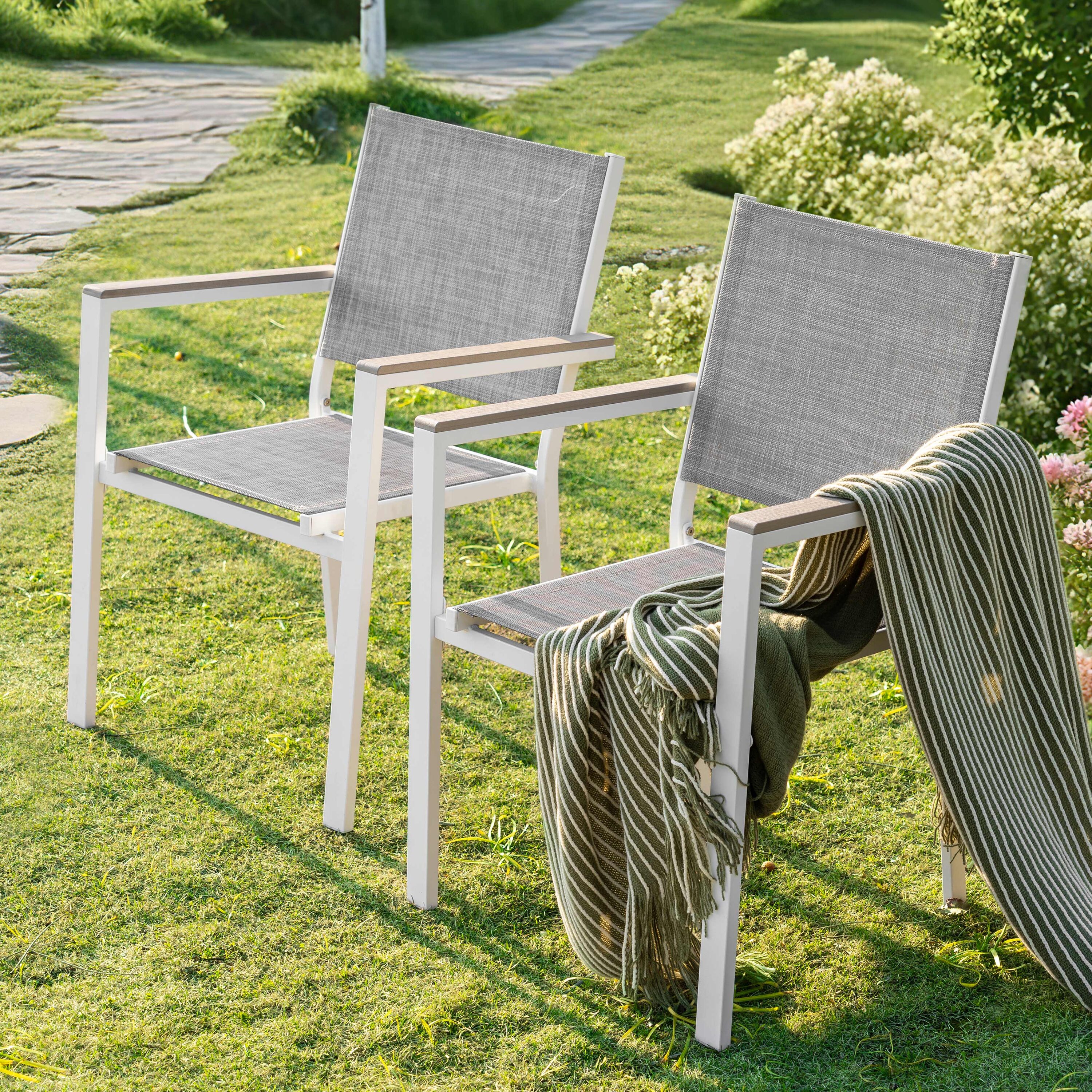 Nuu Garden DS008 Patio Textilene Dining Chairs Set of 2 WHITE HDPE Frame Stationary Dining Chair with Gray Solid Seat
