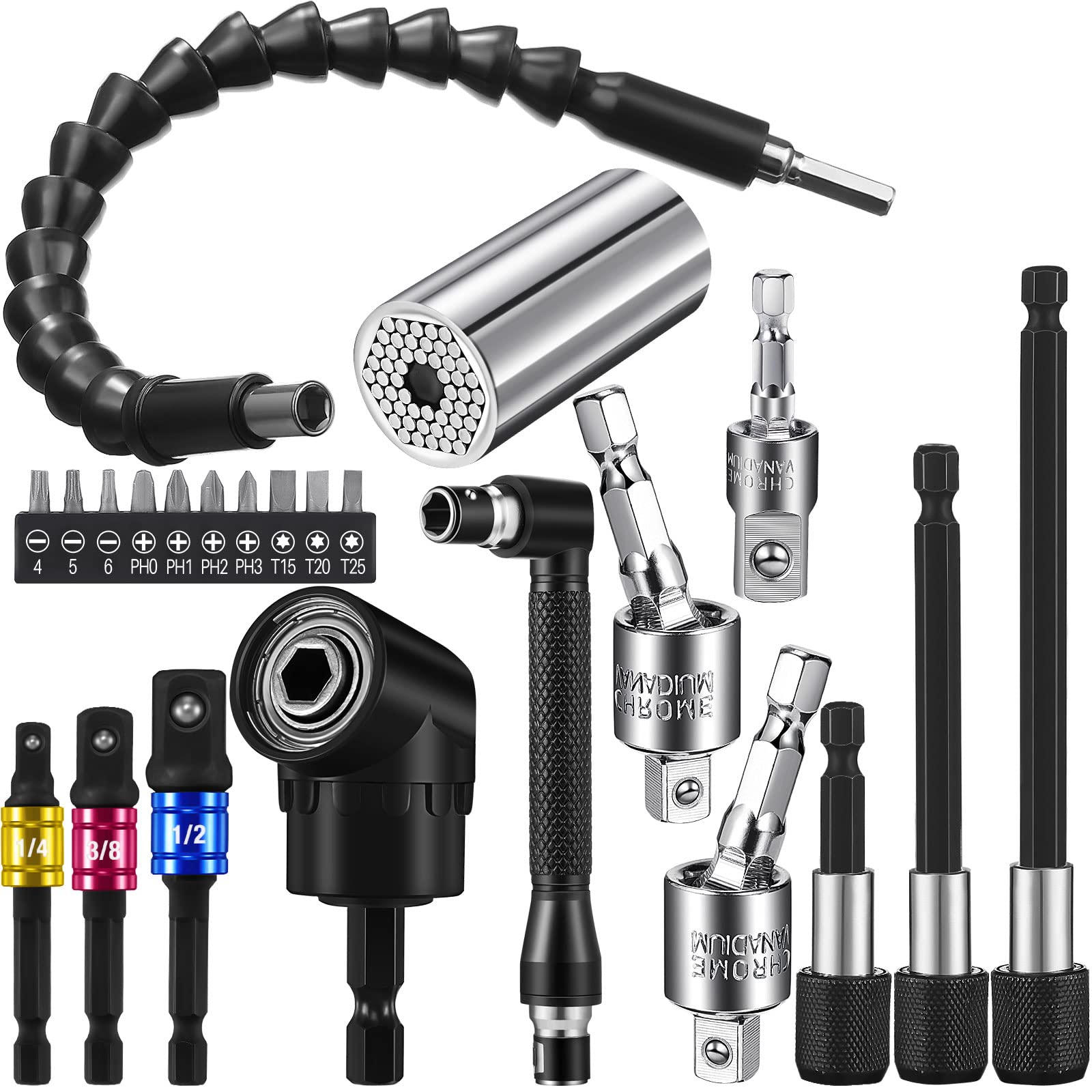 SenQWFa  23 Pcs Drill Bit Extension Set Flexible Bendable Hex Drill Bit 1 slash 4 in 3 slash 8 in 1 slash 2 in Hex Socket Adapter Rotatable Joint