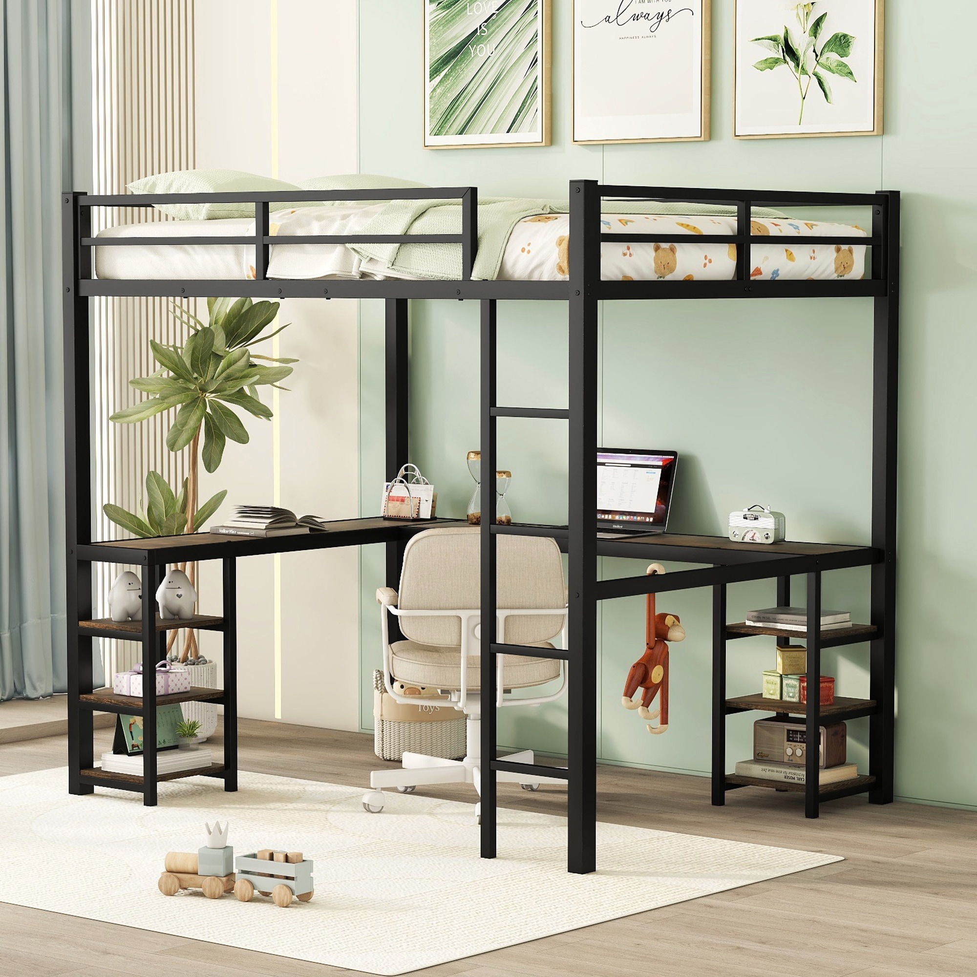 Tatayosi JJ-07S00022 Full Metal Loft Bed with Desk and Shelves Loft Bed with Ladder and Guardrails Loft Bed Frame for Bedroom Black