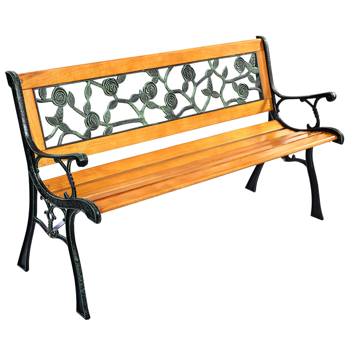 Slickblue D-CO-4872PO 49.5 Inch W x 29 Inch H Black and Natural Cast Iron Frame Garden Bench Outdoor Patio Seating Bench with Wood Seat for Backyard and Garden Decor