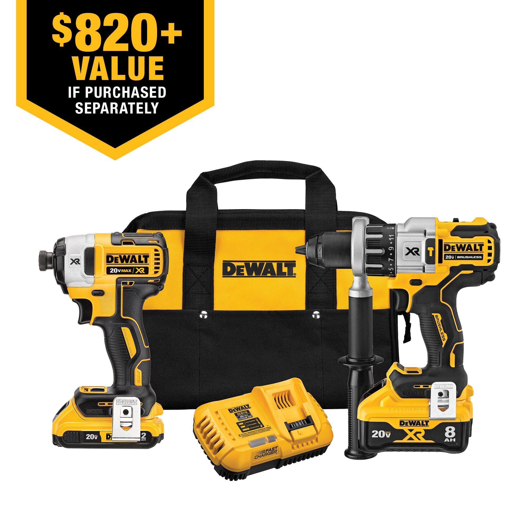 DEWALT XR POWER DETECT 2-Tool 20-Volt Max Brushless Power Tool Combo Kit with Soft Case (2-Batteries and charger Included)