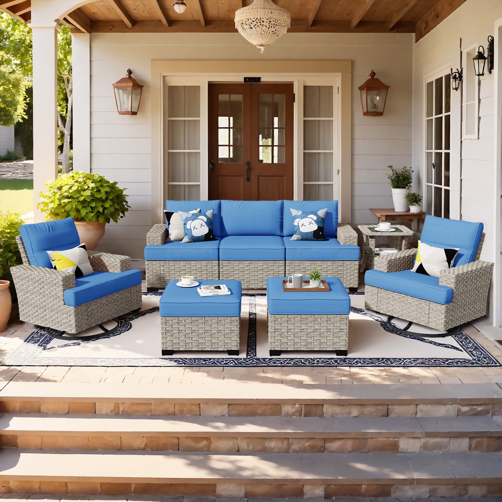 Caodoc L5-YZTBS508-1 CFP03-VYZSKT Wicker Outdoor Sectional with Blue Cushions and Wicker Frame
