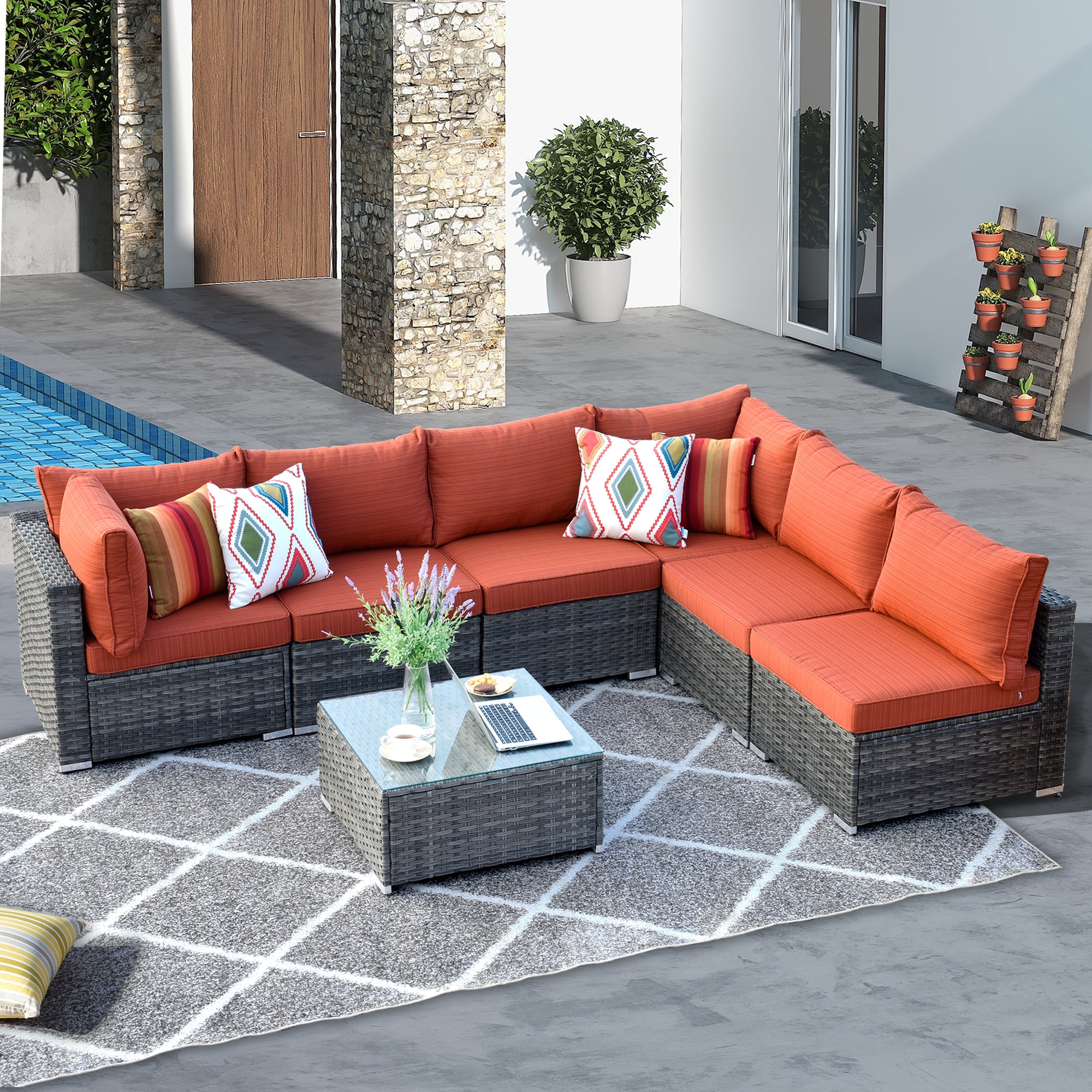 XIZZI Sunrise Rattan Outdoor Sectional with Orange Cushion(S) and Steel  Frame