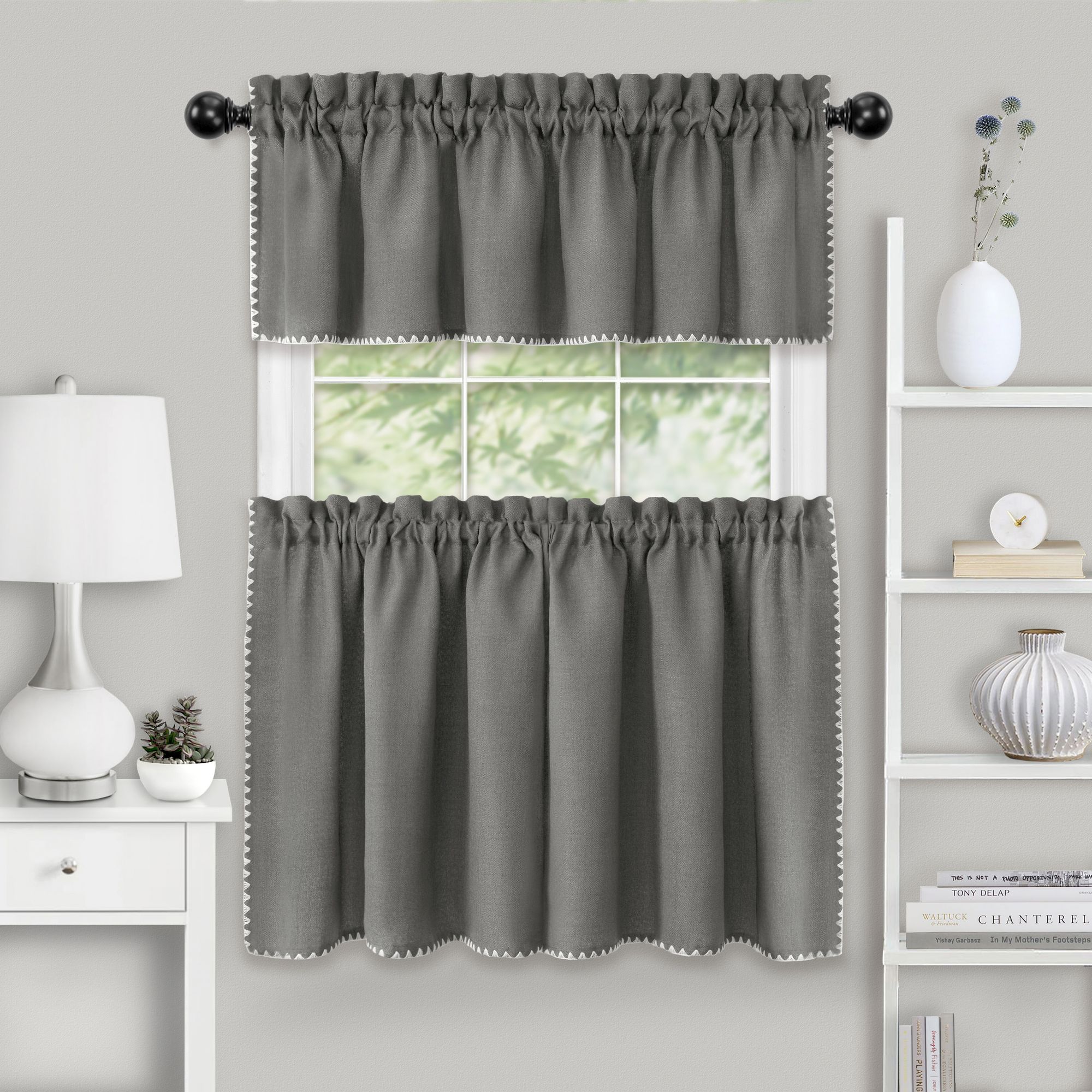 KATE AURORA - Coastal Hamptons Living Complete 3 Piece Textured Kitchen Curtain Tier and Valance ...