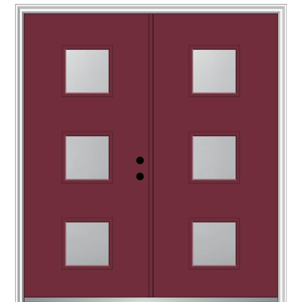 MMI DOOR ZZ350173L Spotlights 72-in x 80-in x 6-9/16-in Fiberglass Pulse lite Left-hand inswing Burgundy Painted Prehung Double Front Door with Brickmould Insulating core