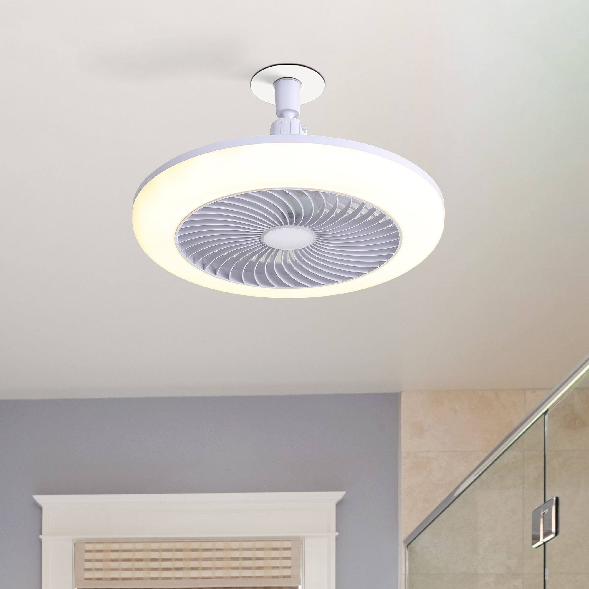 UOI 11 inch White PC Mini Size Enclosed Socket E26 Ceiling Fan Light with 3 Speeds 3 Light Color Dimming and Timing for Small Room Kitchen