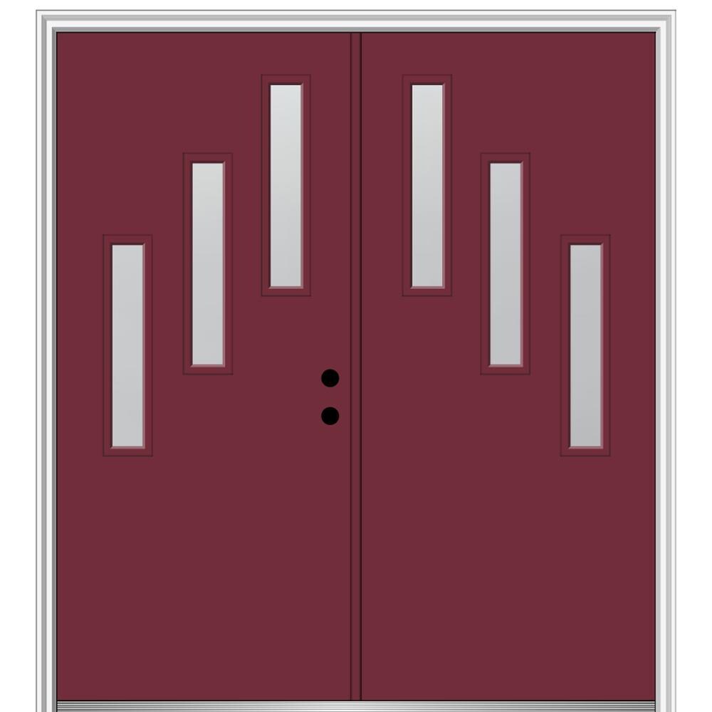 MMI DOOR ZZ350845L Spotlights 72-in x 80-in x 6-9/16-in Fiberglass Pulse lite Left-hand inswing Burgundy Painted Prehung Double Front Door with Brickmould Insulating core