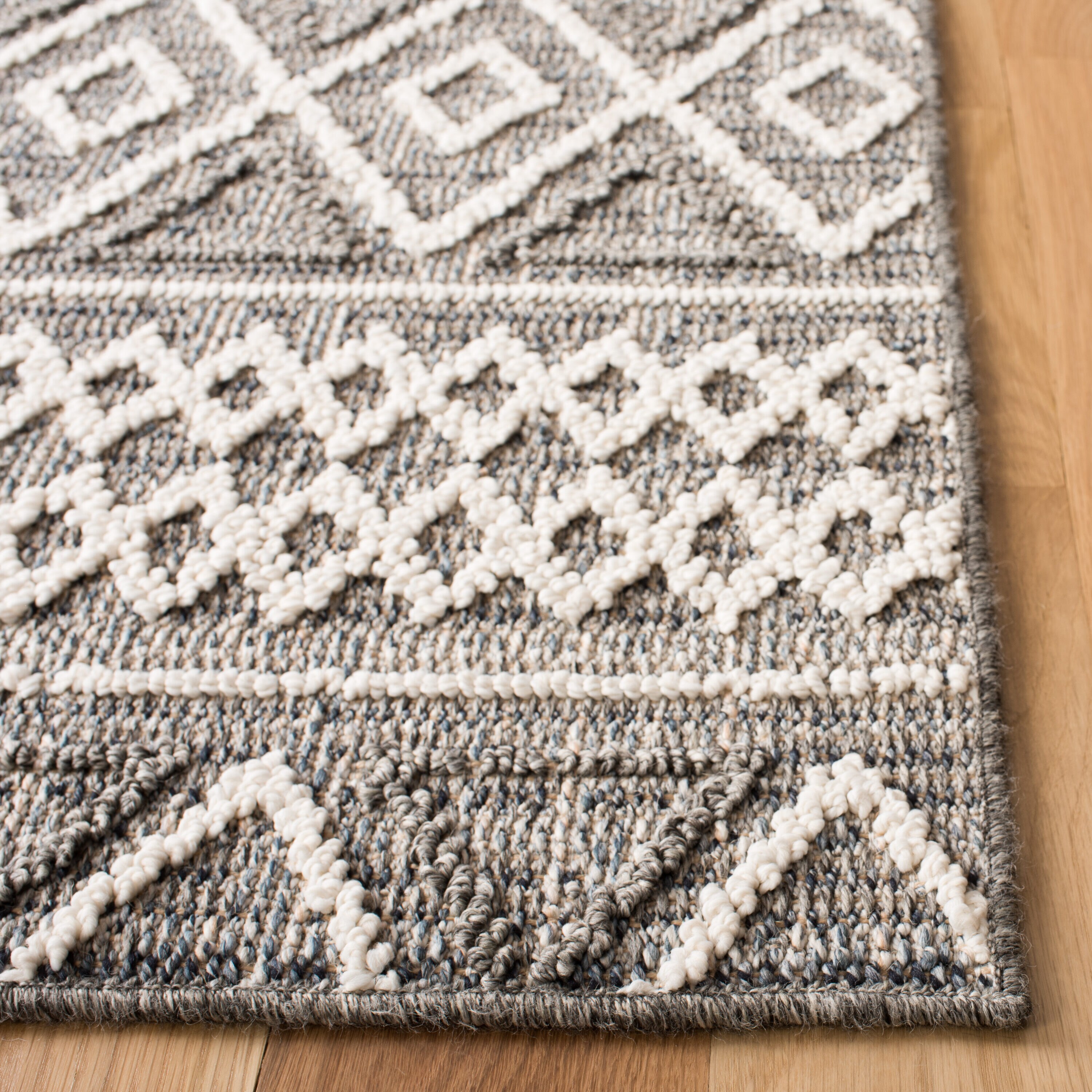 Ivory and Grey Synthetic Square Boho Area Rug