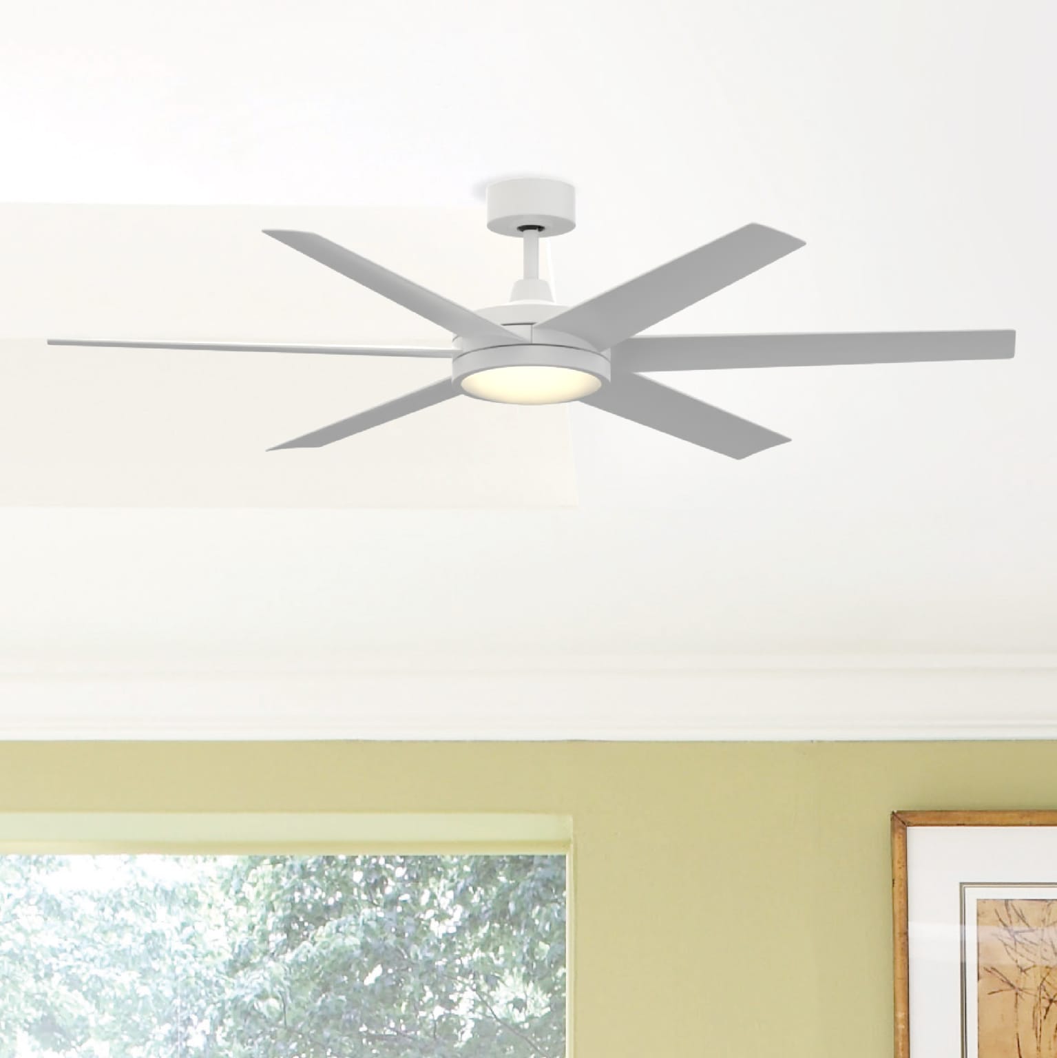 Fanimation FPD6605MW Brawn 64-in Color-Changing Integrated LED Outdoor Smart White with Matte White Blades Ceiling Fan With Light - Remote Included ( 6 -Blade )