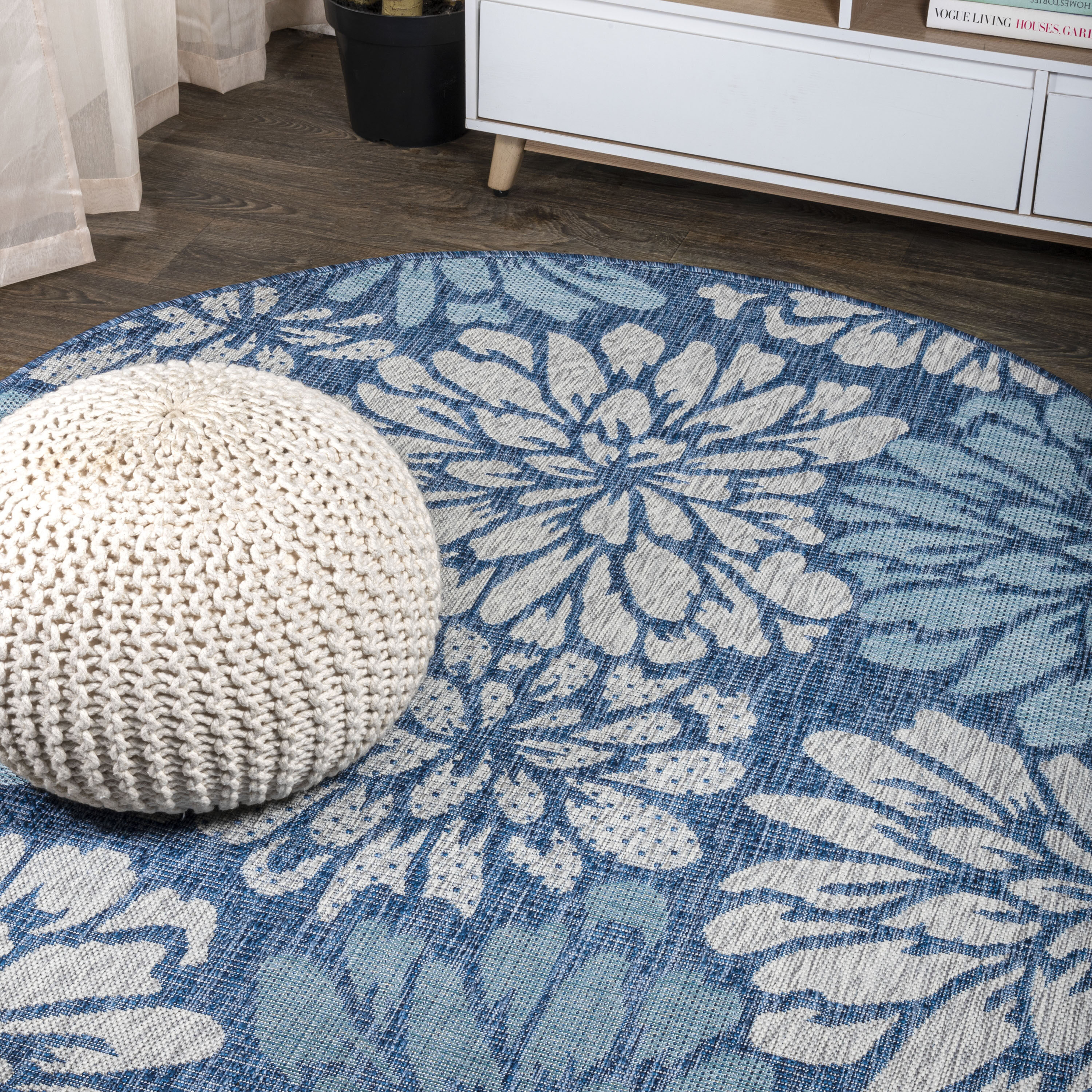 JONATHAN  Y SMB110C-5R Santa Monica Zinnia Textured Weave Floral 5 x 5 (ft) Loomed Polypropylene Navy/Aqua Round Indoor/Outdoor Floral/Botanical Coastal Area rug