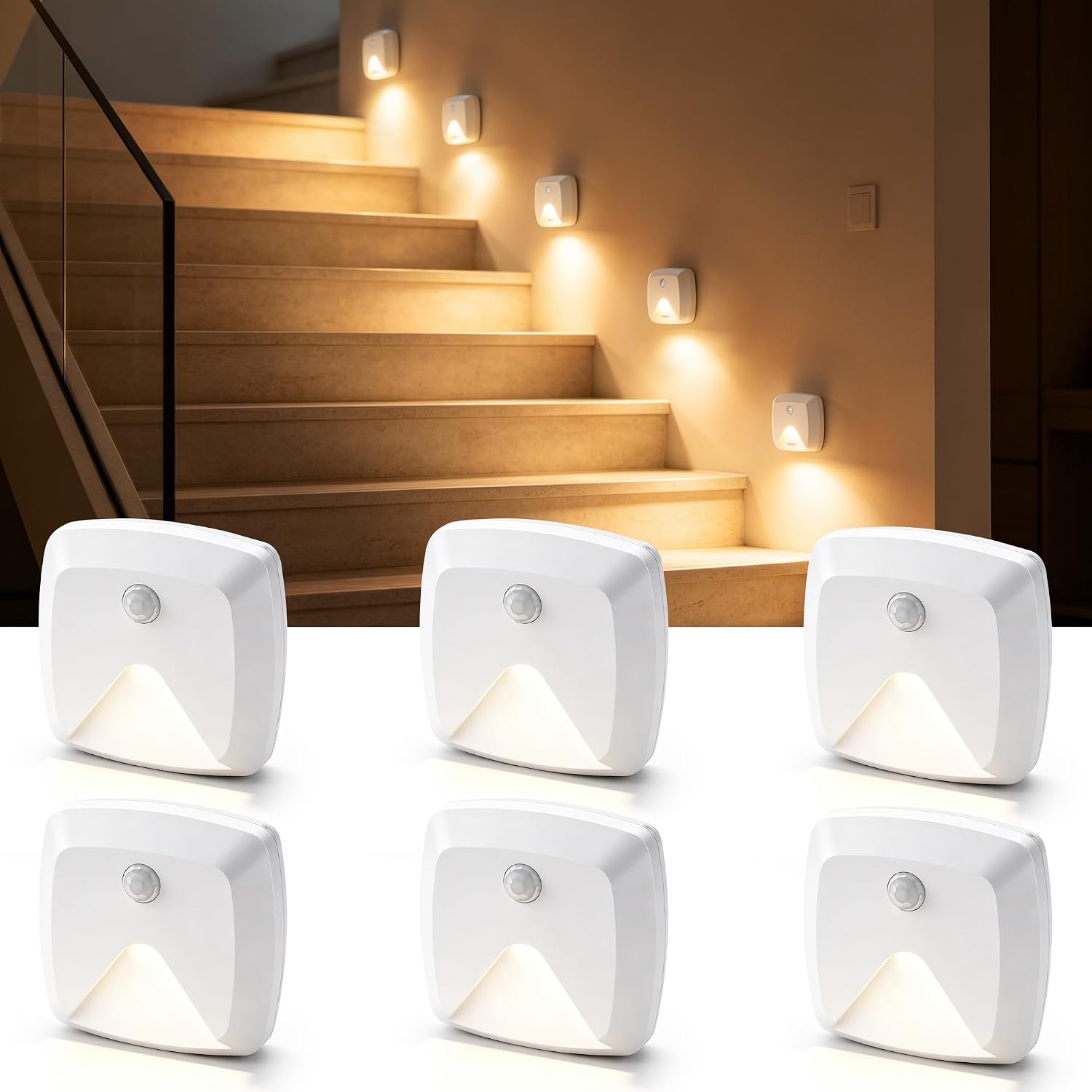 Slagawa  Warm White LED Motion Sensor Night Light 6-Pack Stick-on Battery Operated Wall Light for Stairs Closet Kitchen Hallway Bathroom