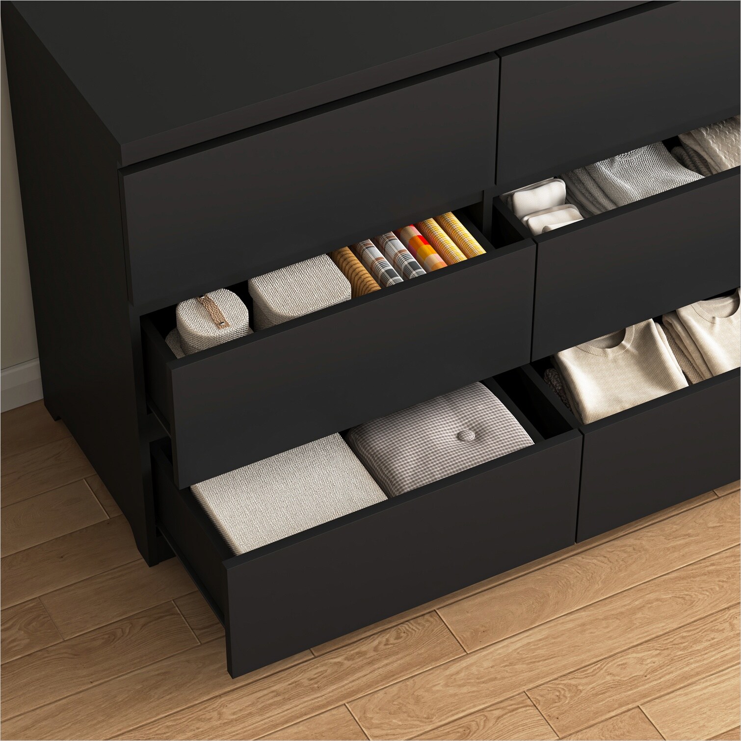 black matte dresser Finny Wide Dresser, 6 Drawers Nickel Handles, Plinth Base, adding a touch of sophistication Millie Drifted Matte Black Veneer