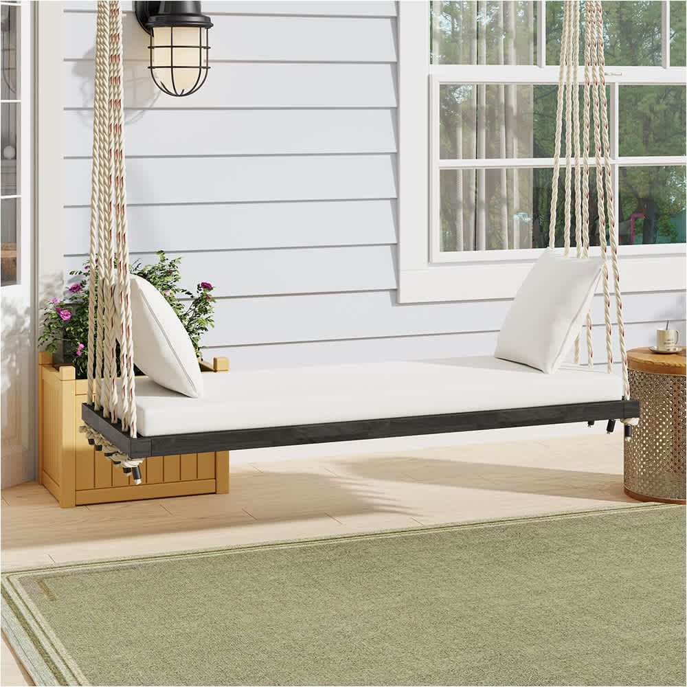 JUJABU SWCHAIR-5 Brown Hanging Porch Swing Bench with Cushion and Pillows 10.9Ft Hemp Ropes for Garden