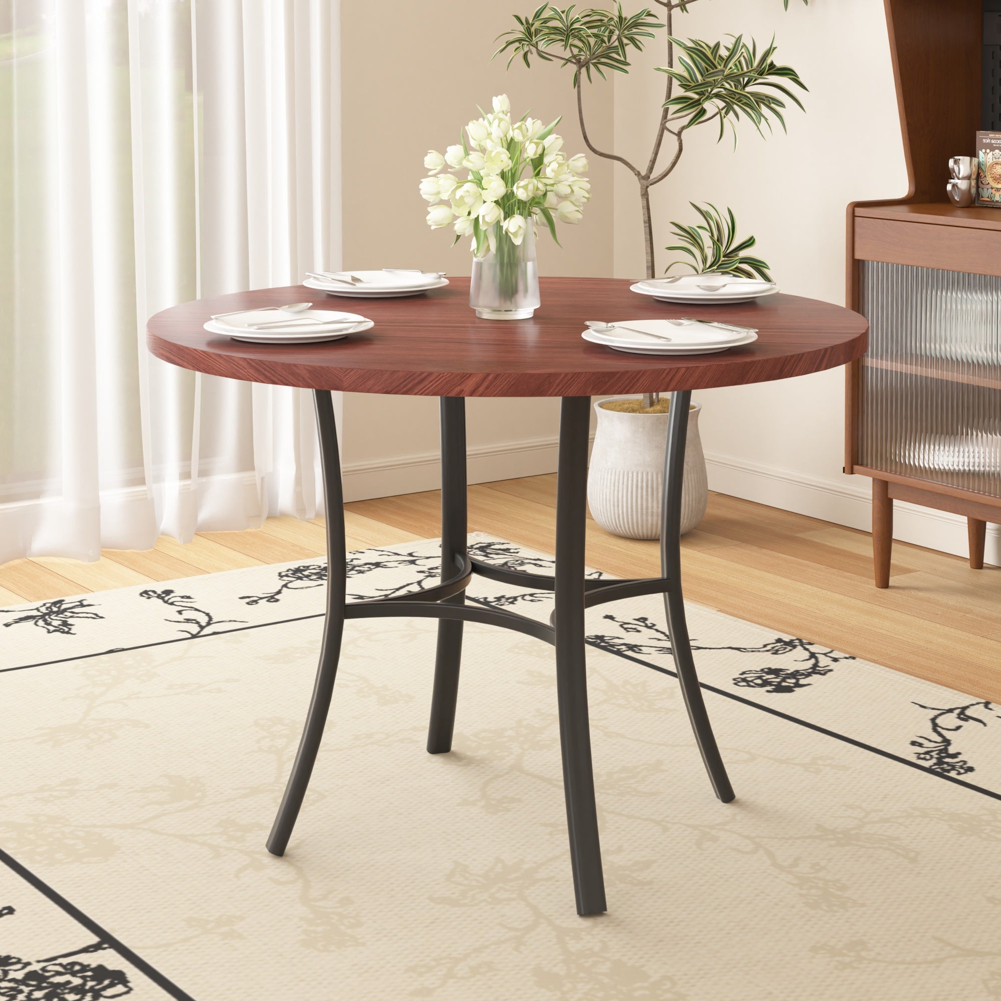 Vecelo LOE-FH-TBL16-BRN 36 Inches Round Dining Table for 4 Faux Marble Dinette with Metal Frame for Kitchen Apartment Home