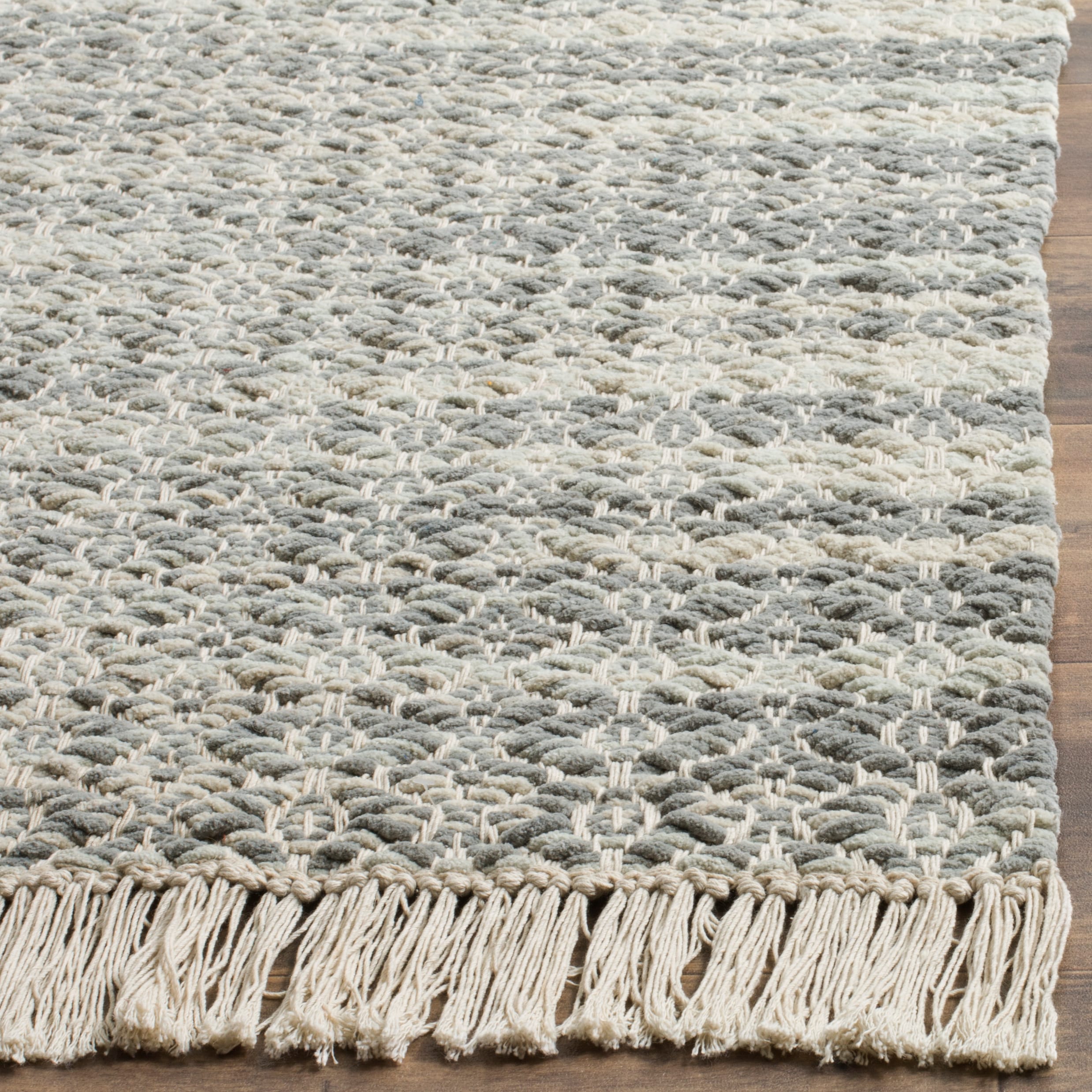 Gray Geometric Handwoven Cotton Area Rug with Fringe, 3' x 5'