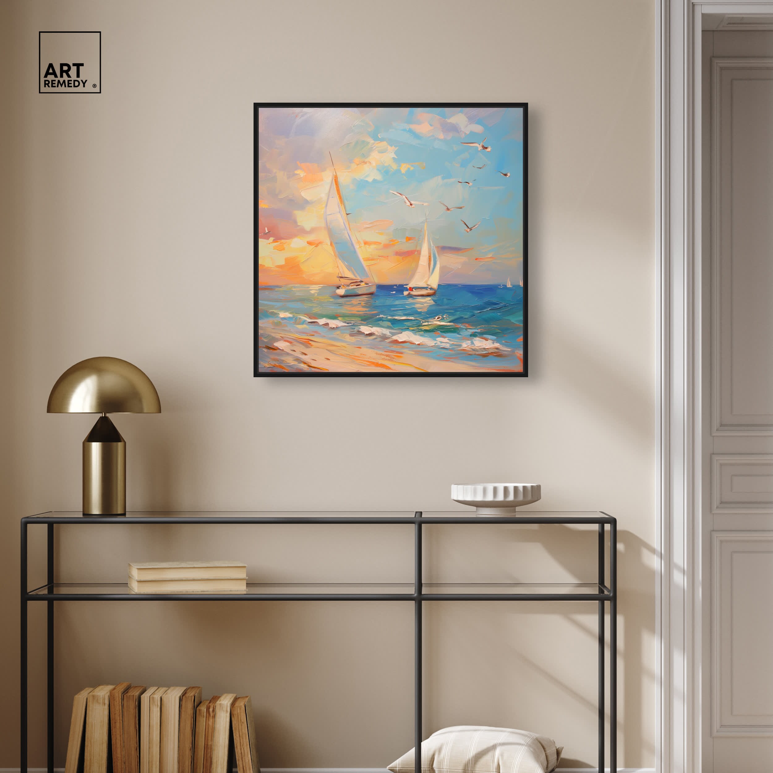 Art Remedy Sailboats in the Sunset Coastal Print by Black Frame 24 x 24 ...