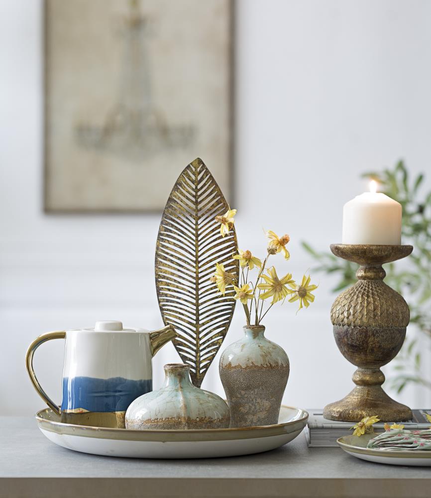 Set of 3 Distressed Aqua and Beige Ceramic Table Vases