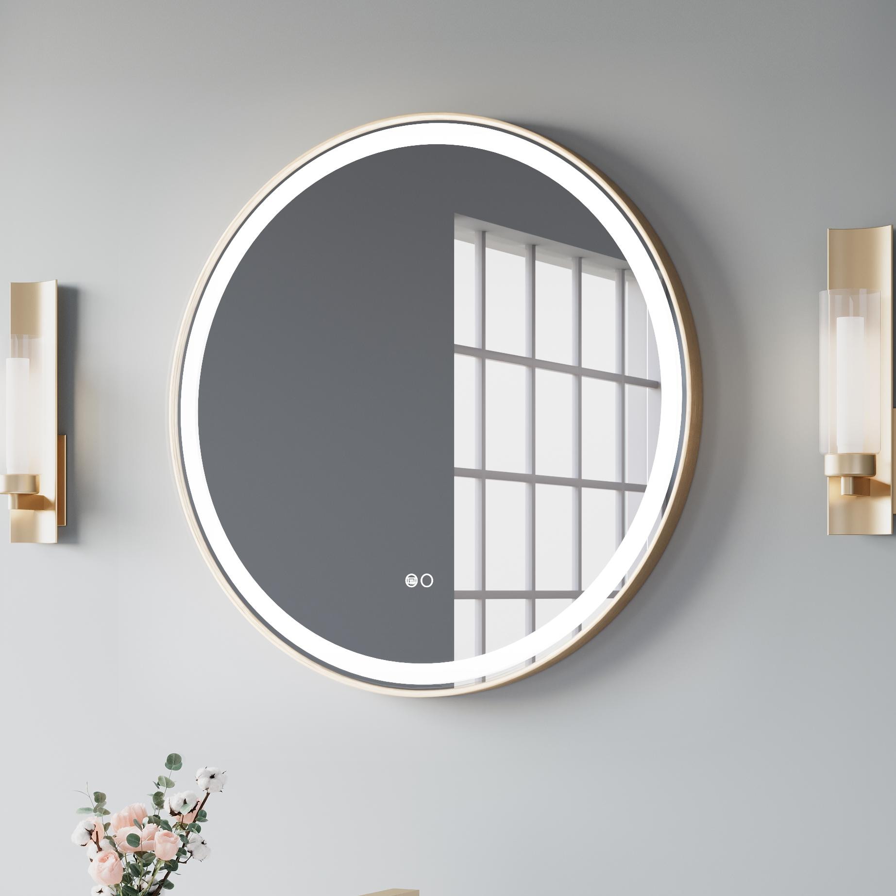 CALVON RC9-2828BG Bathroom mirror 28-in x 28-in Framed Round Dimmable LED Lighted Fog Free Bathroom Vanity Mirror ( Gold )