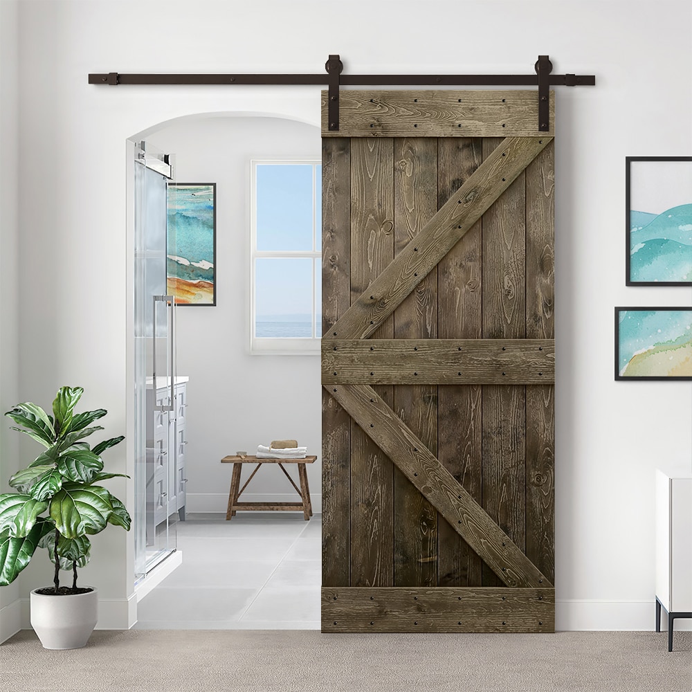 CALHOME 40-in x 84-in Espresso Knotty Pine Wood Solid Core Barn Door ...