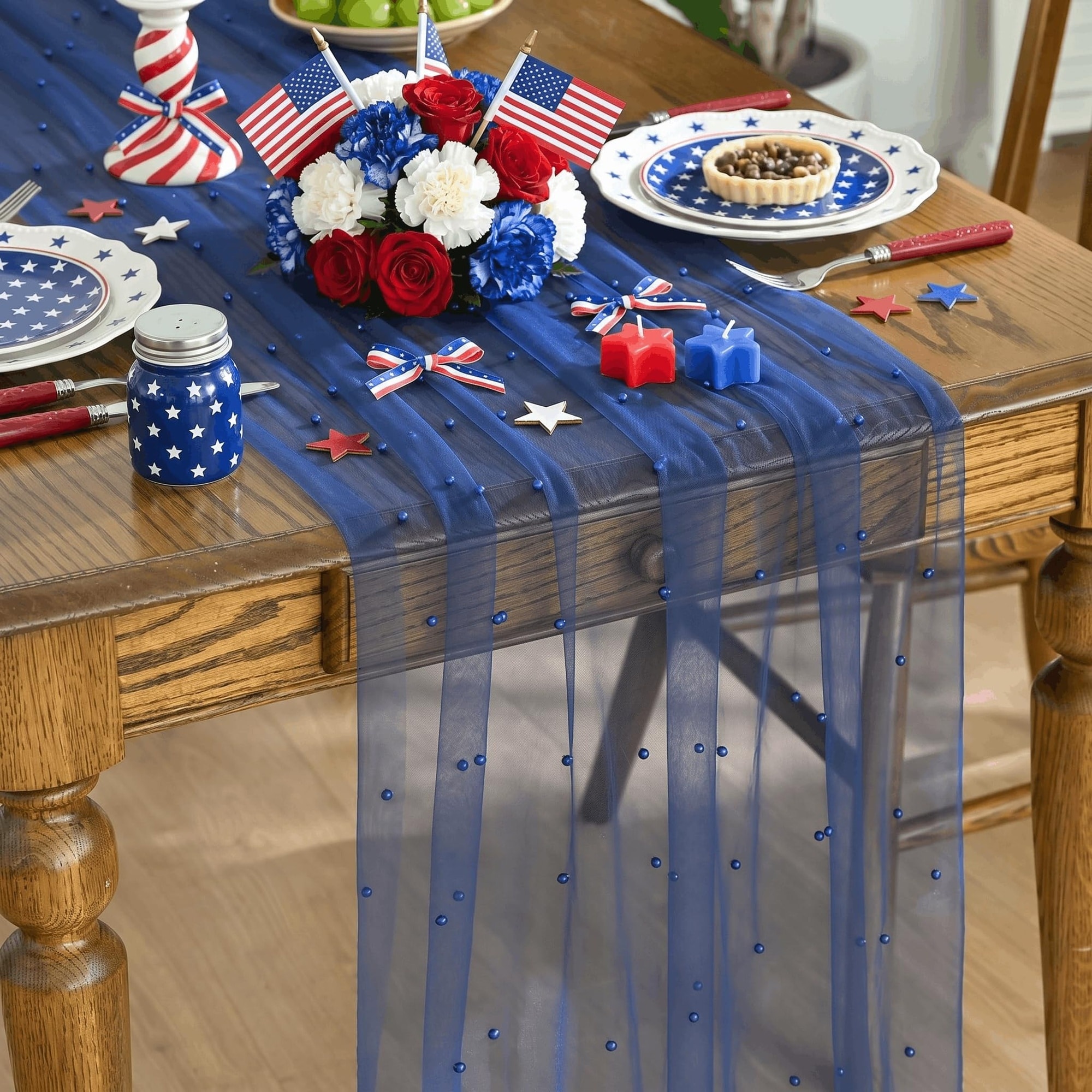 Anqtovp  Pearl Light Blue Gauze Table Runner 120 Inch Polyester Sheer Dining Decor for Holiday Wedding Birthday Baby Shower Home Party