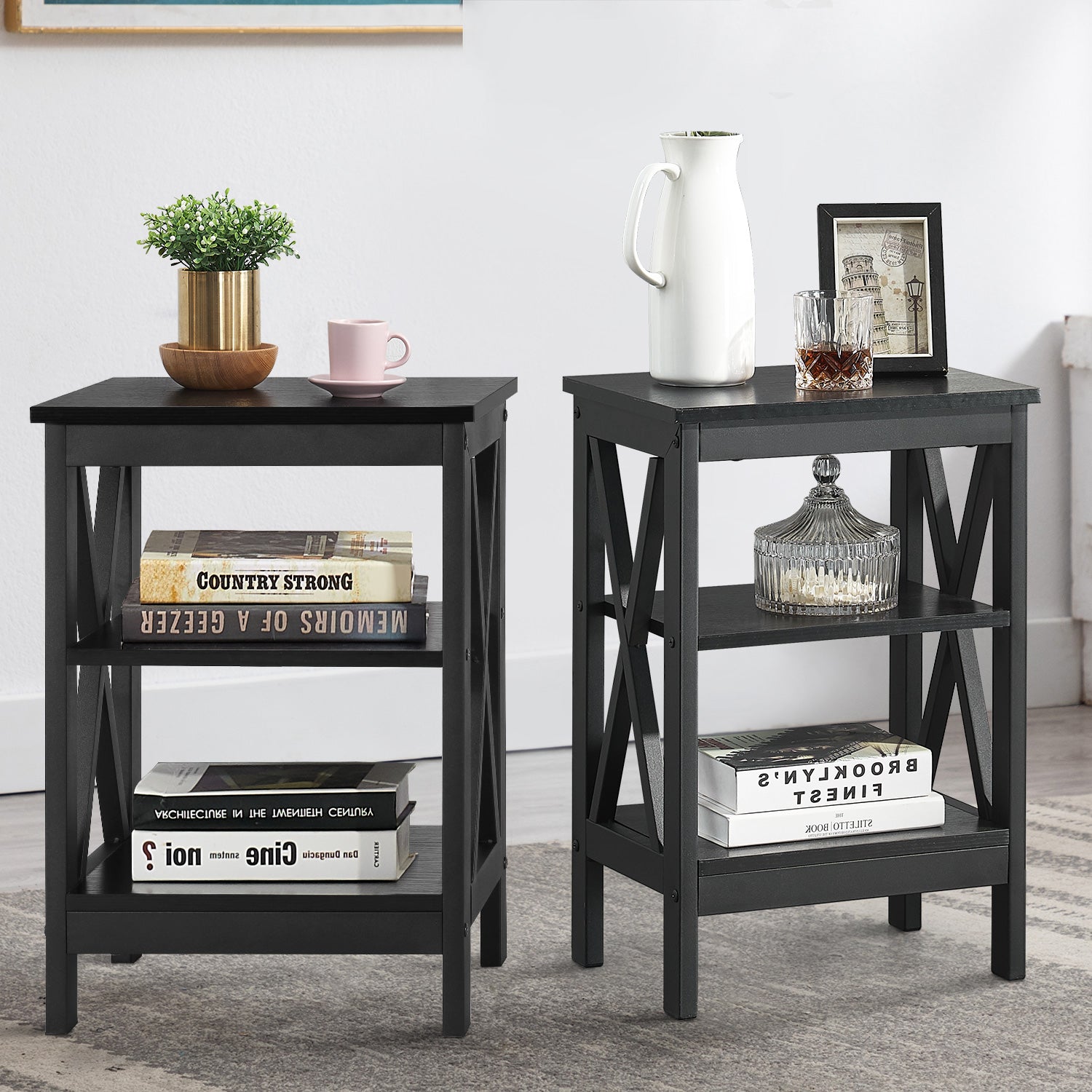 Vecelo LOE-DC-T06-BLACK-A2 Set of 2 Black Nightstand Beside Table End Table with Storage Shelf Nightstands for Living Room Bedroom