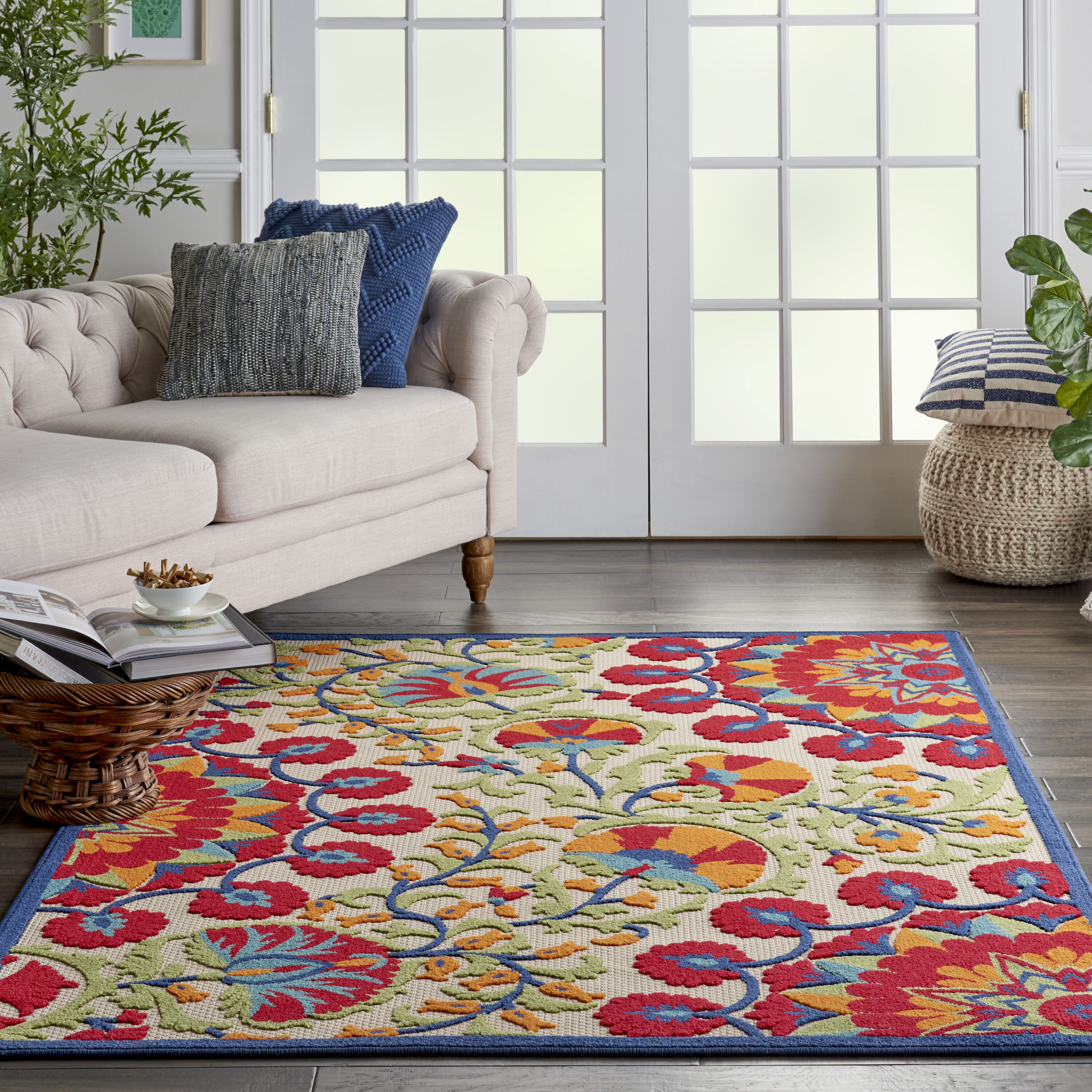 Nourison 99446499257 Aloha 5 x 8 (ft) Loomed Polypropylene Red/Multicolor Rectangular Indoor/Outdoor Abstract Coastal Area rug