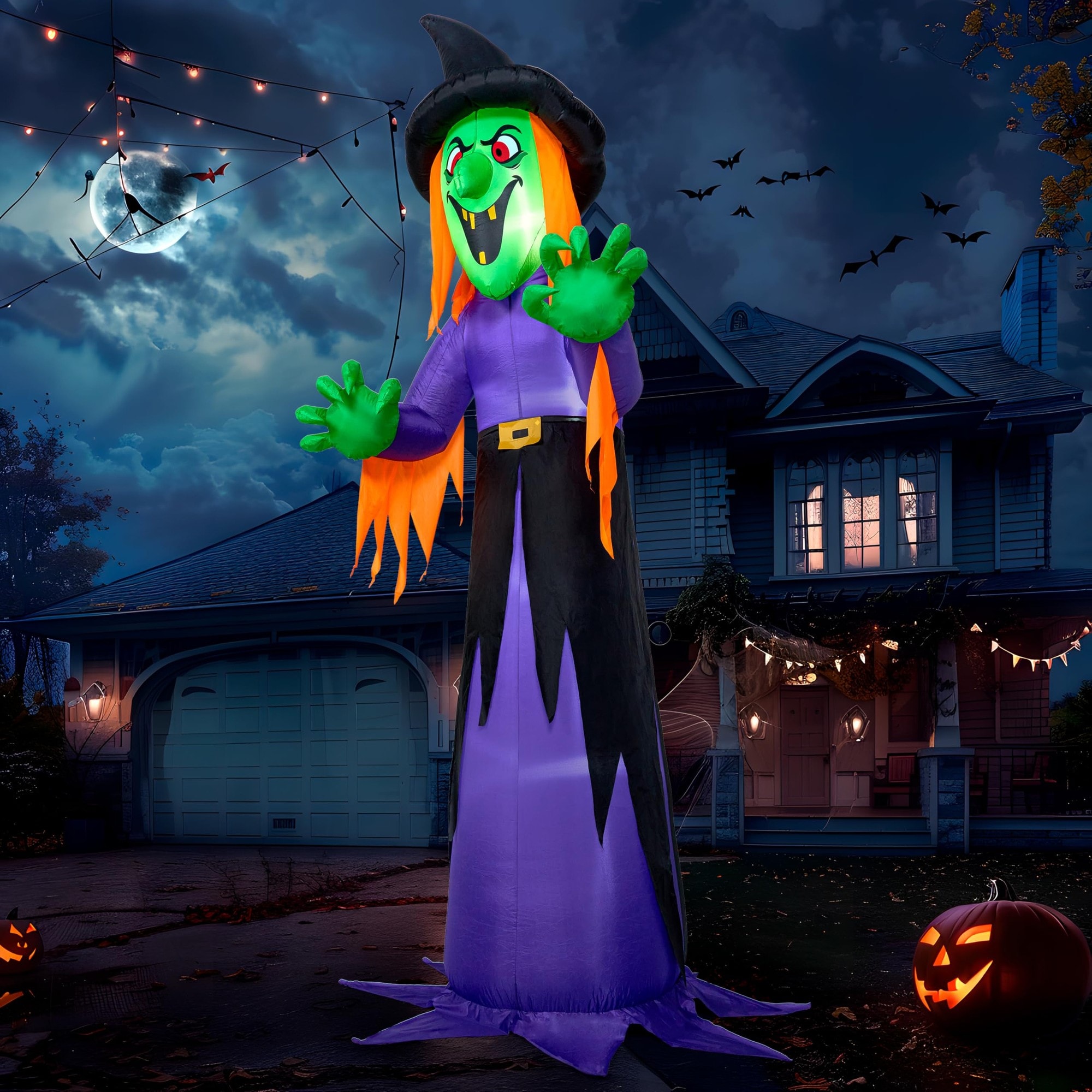 OGETFUUR 12 ft Tall LED Witch Halloween Inflatable for Outdoor Yard Decoration featuring Durable Weatherproof Material and Built In Air Blower