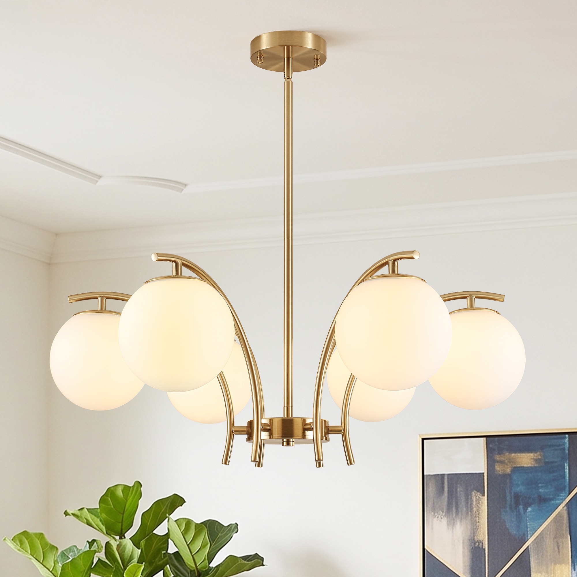 Zjvaive - 28.35-in 6-Light Gold Mid-century Globe Chandelier With Curved Arm Milk White Glass