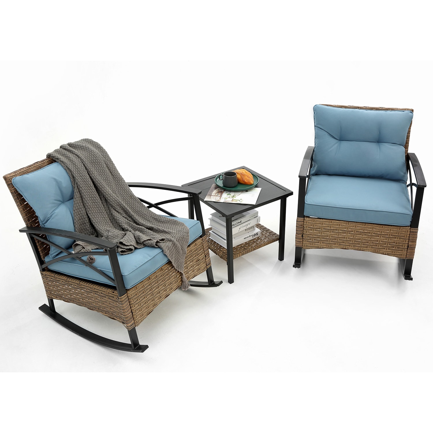 GZMR 797AAAUS-LC 3-piece Rocking Rattan Chair Set 3 -Piece Rattan Patio Conversation Set with Blue Cushions