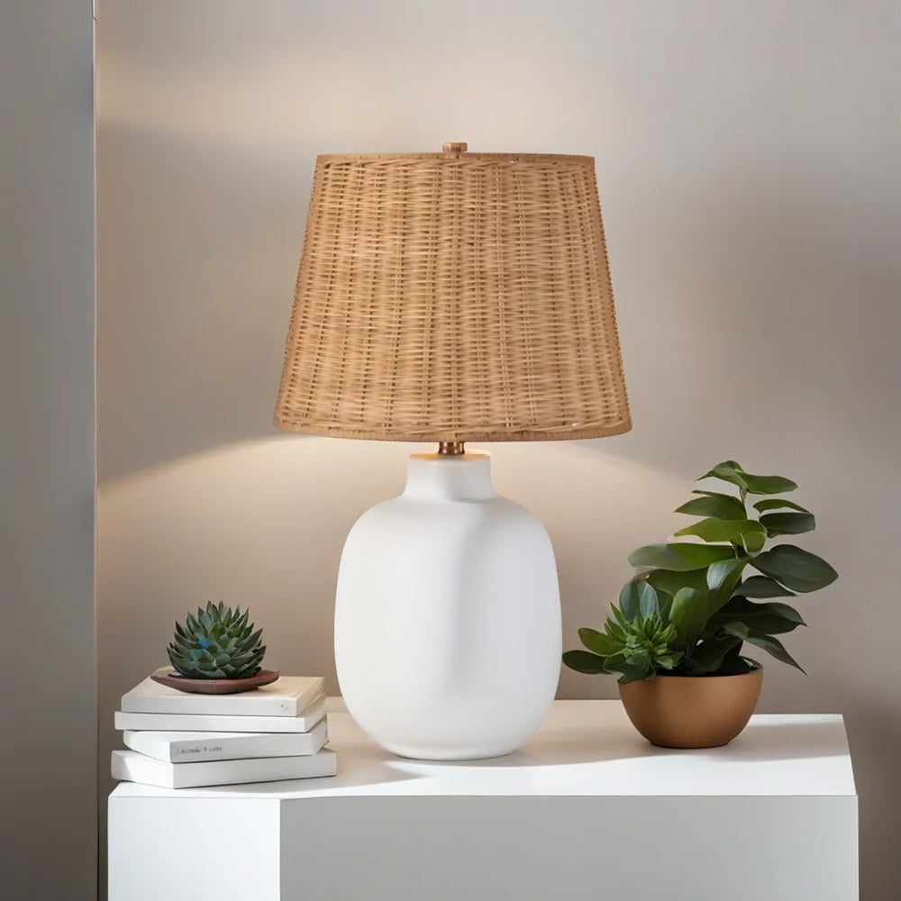 allen + roth 20-in White Led 3-way Table Lamp with Rattan Shade 7590-MH ...