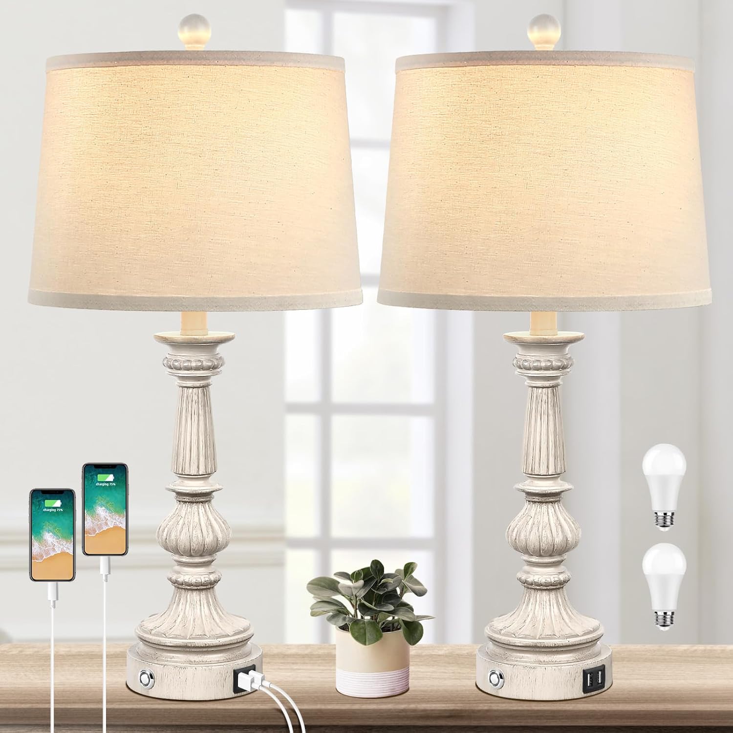 Nordic Hygge WL-HP1010-2 3-Way Dimmable Table Lamps Set of 2 Touch Control Lamp for Bedroom End Table with 2 USB Charging Ports 26 Inch Bedside Lamps for Living Room