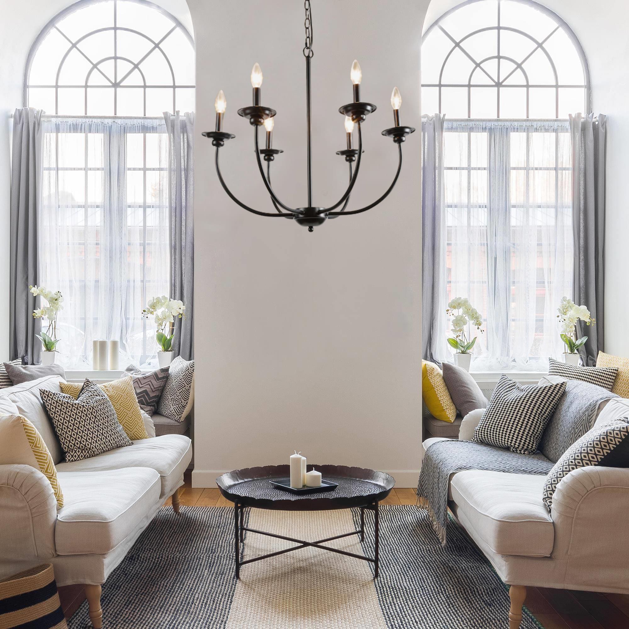 Matte Black Wrought Iron 6-Arm Adjustable Chandelier